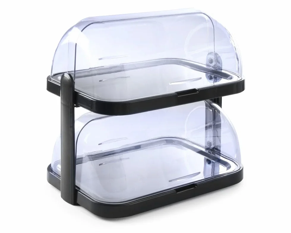 HENDI Vetrina espositiva refrigerata doppia con coperchi rotanti roll-top, set a 2 livelli con vassoi in acciaio inox, 4 elementi refrigeranti, 440x320x(H)440mm, nero, ABS, SAN