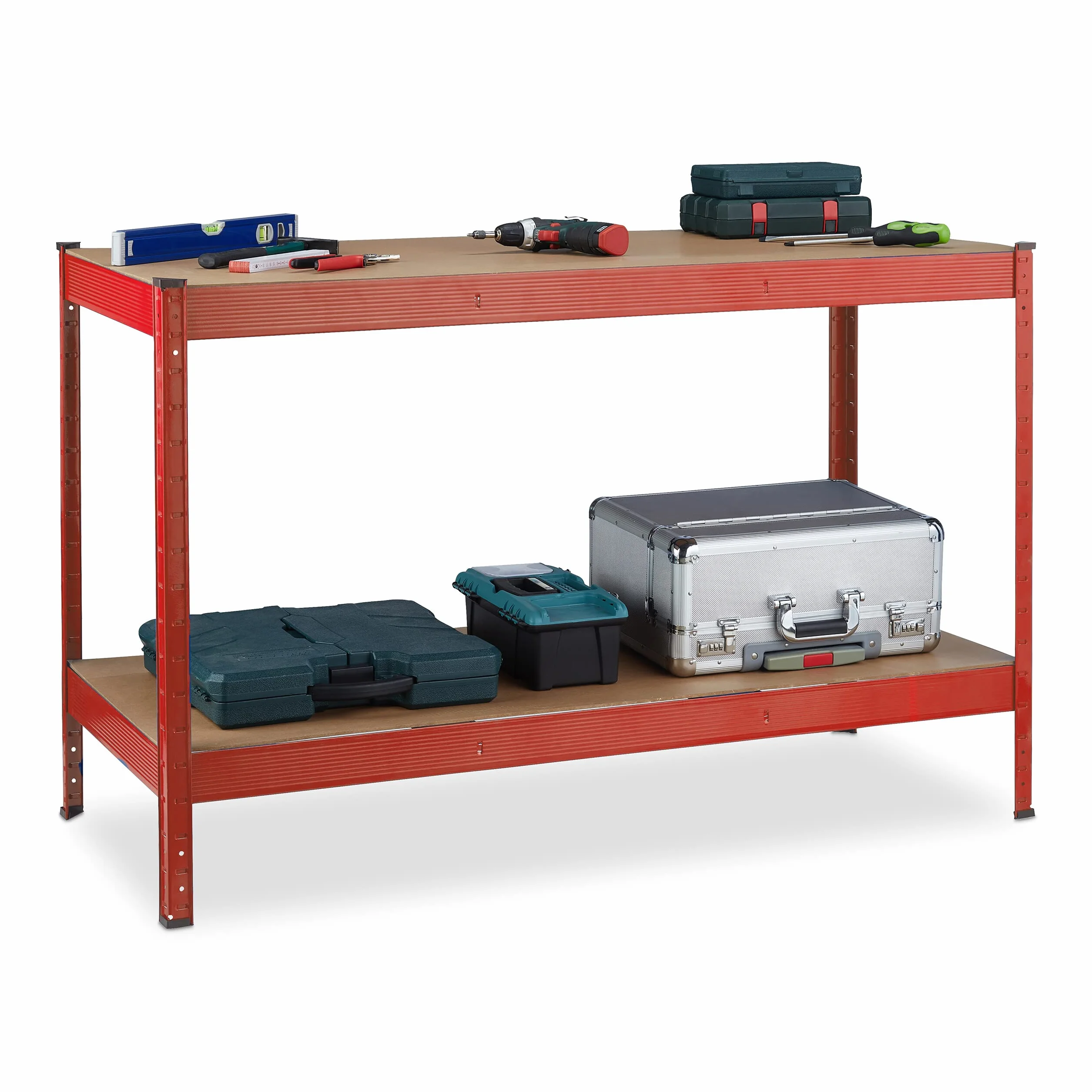 Relaxdays Banco da Lavoro Officina, Tavolo da Garage, 2 Scaffali, Altezza Regolabile, Acciaio e MDF, 91x141x61 cm, Rosso