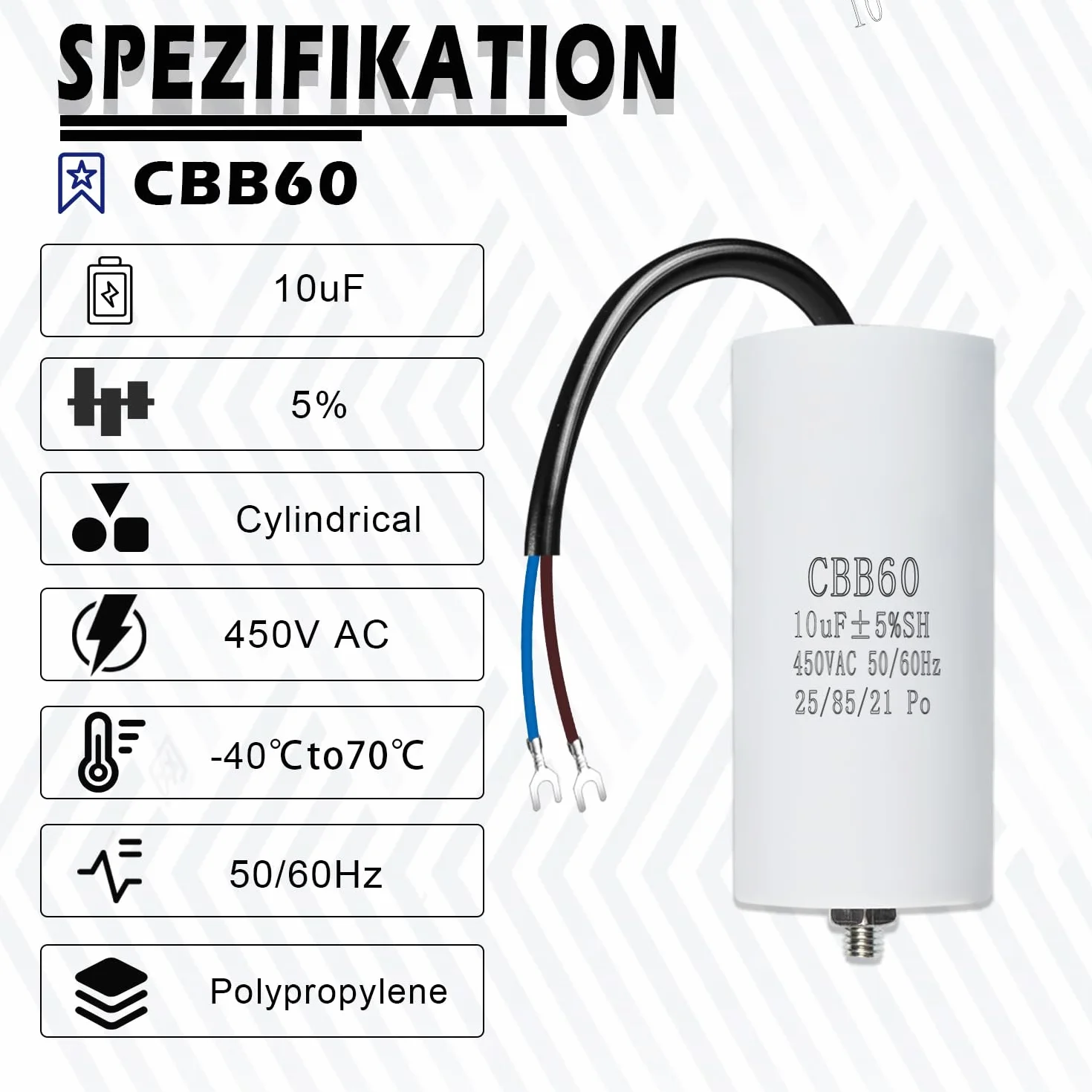 Iruihoo CBB60 Condensatore Motore 10 µF 450 V 50/60 Hz Avviamento con Filo M8