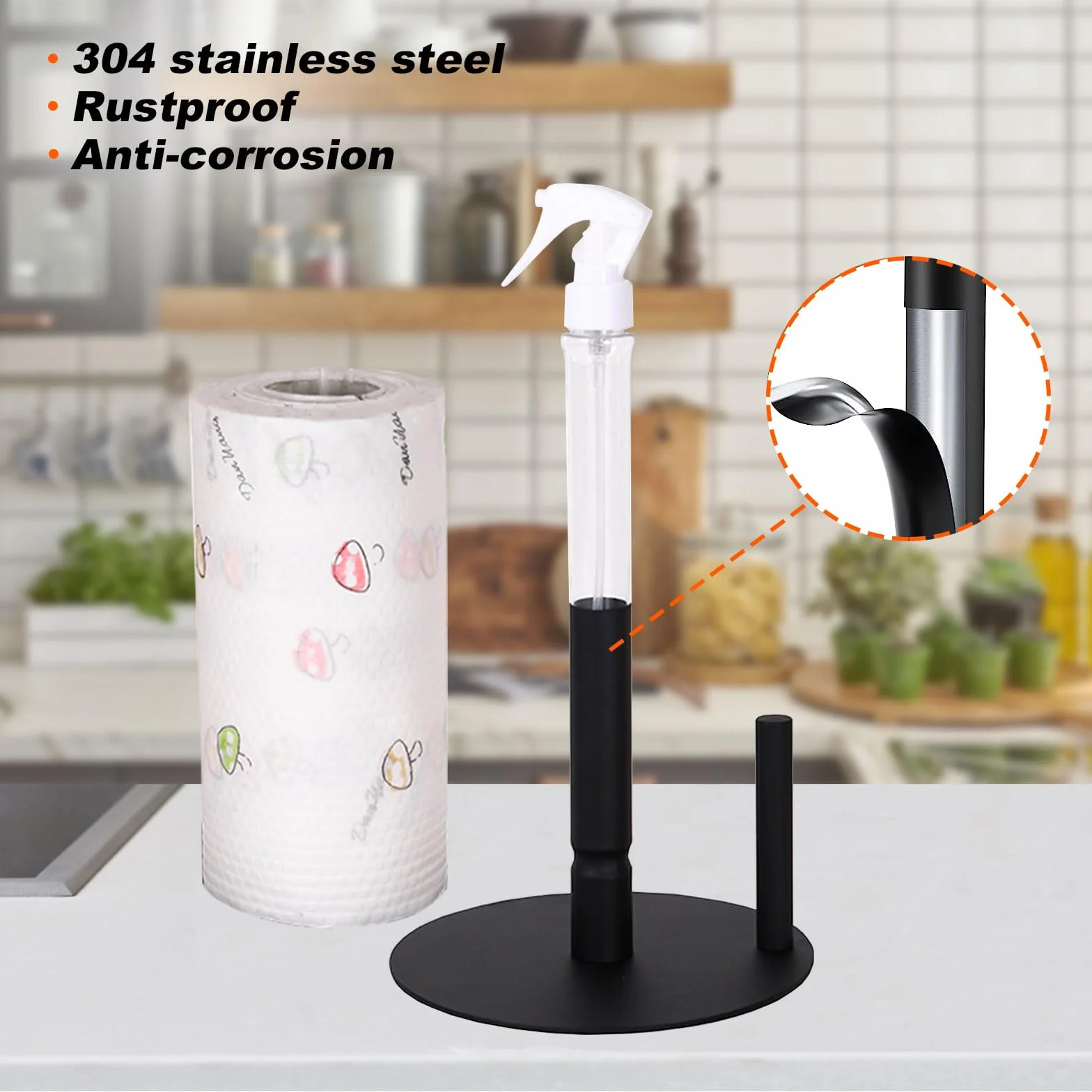 Portarotolo da Cucina con Flacone Spray, Portatovaglioli da Tavola Autoportante, Porta Rotoli da Cucina Nero Opaco, Antiscivolo, Porta Rotolo di Carta Multifunzione per Cucina, Bagno