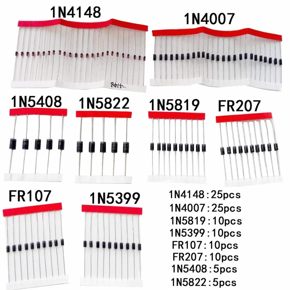 Hailege Kit 100 sztuk diod Schottky prostowniczych 8 wartości 1N4148 1N4007 1N5819 1N5399 1N5408 1N5822 FR107 FR207