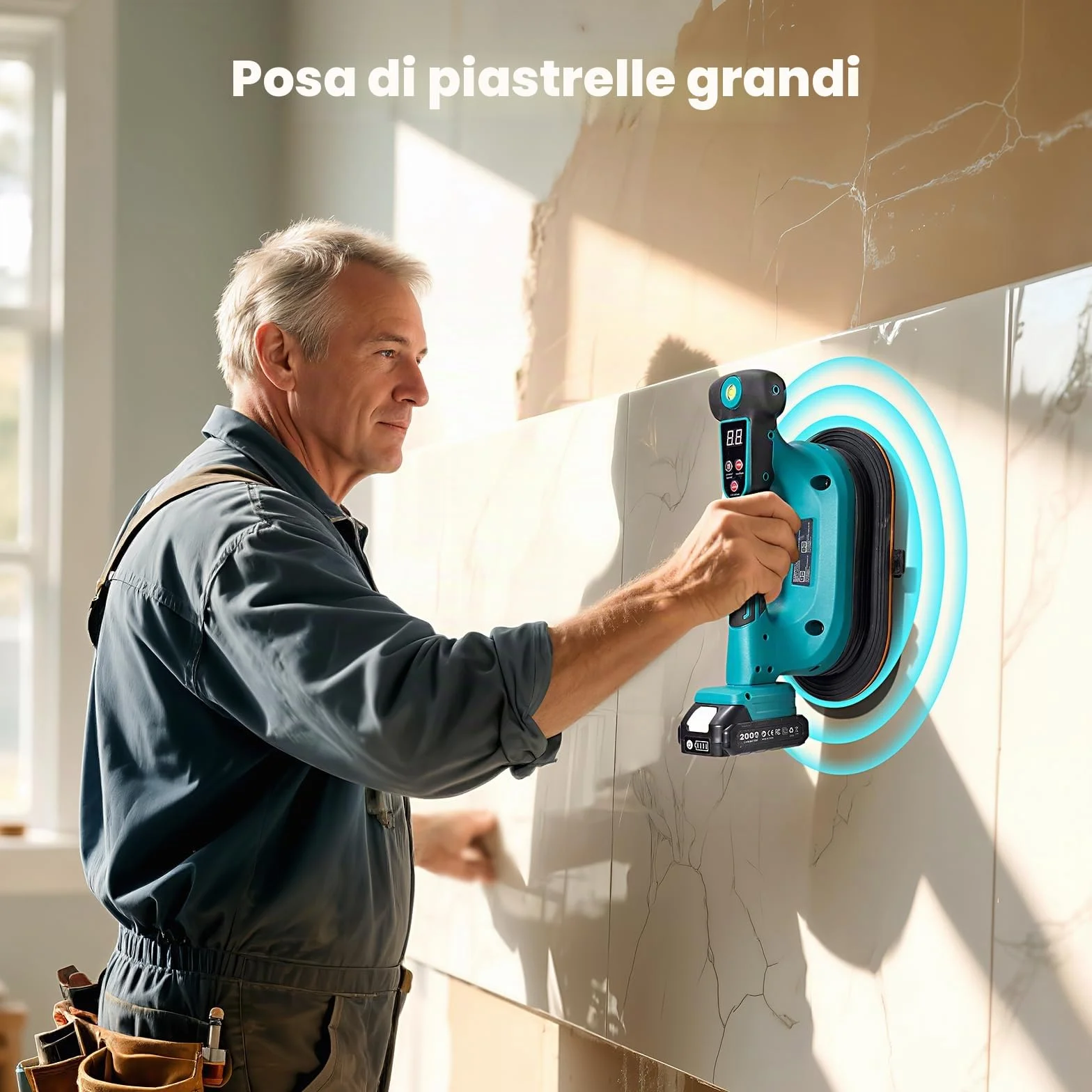 SEESII Vibratore per Piastrelle 285 mm, 2-in-1 Ventosa Vibrante per Piastrelle & Strumento di Vibrazione, 12 Velocità, Batteria 10 Ore, Livella – Vibratore Piastrelle per Formati Grandi (K919B)