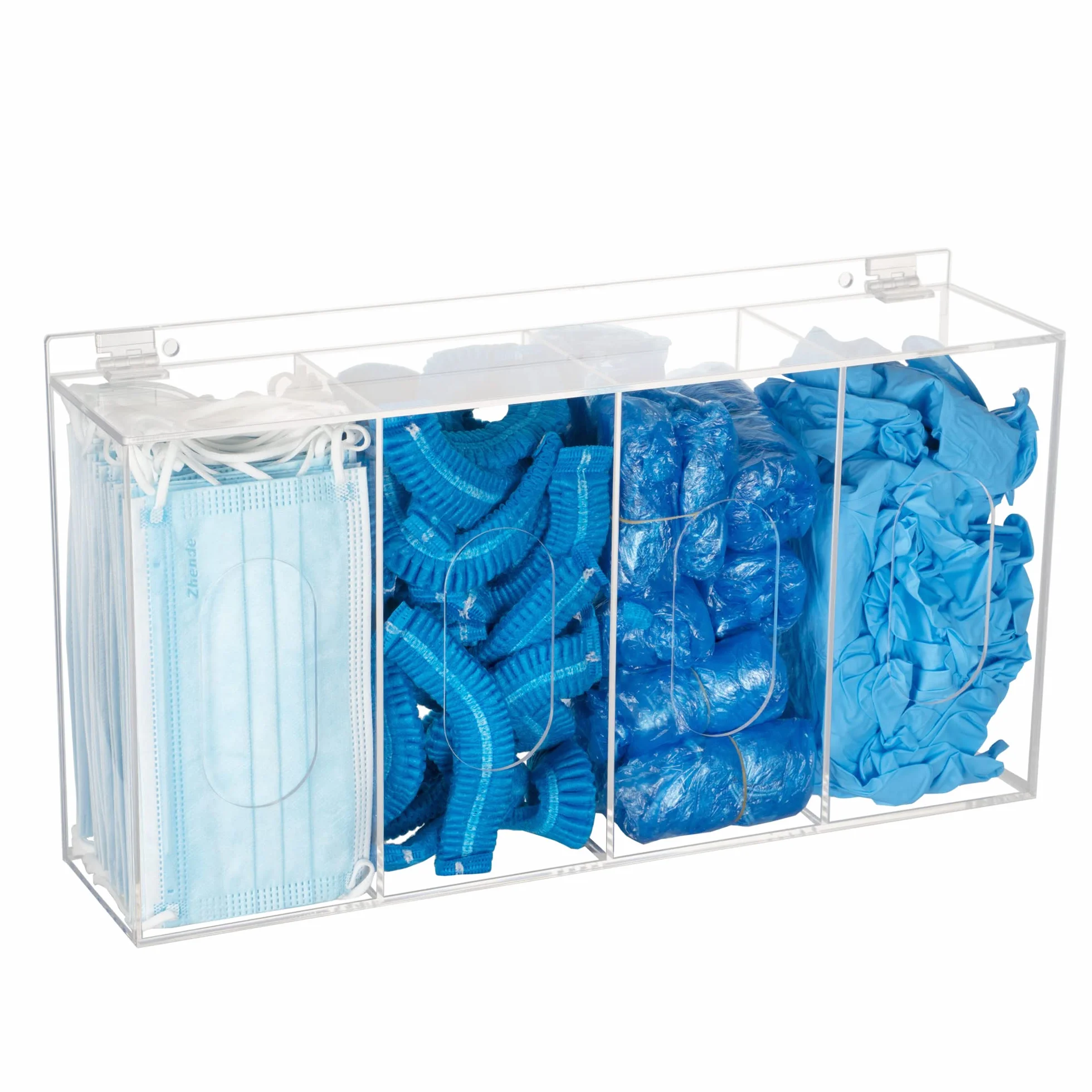 SEANADO Dispenser per retina per capelli e copriscarpe usa e getta per maschera in acrilico, 4 contenitori in plastica, trasparente, supporto per montaggio a parete, strumento igienico per