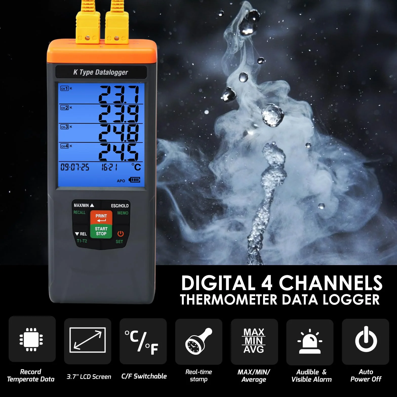 Registratore di Dati di Temperatura 4 Canali Tipo K 328~2498℉ (-200~1370℃) Allarmi Acustici Visivi GLP 48K Record Montaggio Parete Tavolo HVAC Laboratorio
