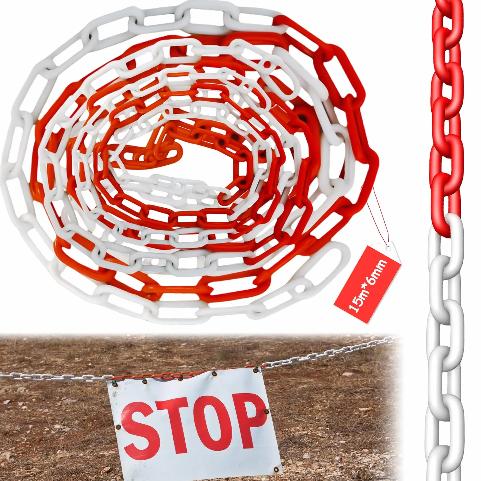 Catena di avvertimento in plastica, colore rosso, bianco, 15 m x 6 mm, per la sicurezza di avvertimento, parcheggio, costruzione, superfici