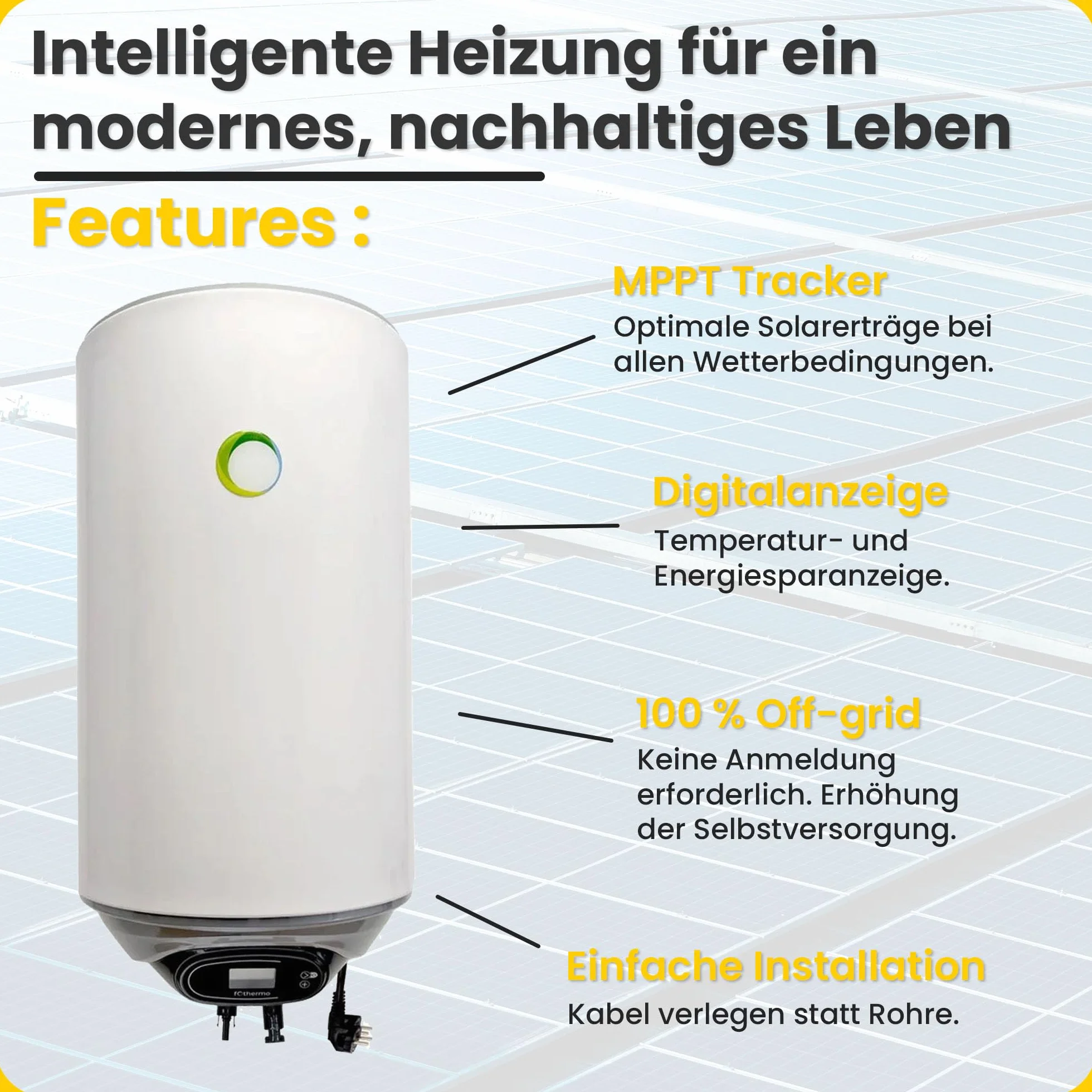 Offgridtec Sistema scaldabagno solare 900 W Caldaia ibrida Fothermo 80 l, Plug & Play, backup 230 V fino a 1500 W, temp. massima 65 °C, doppio pannello solare bifacciale