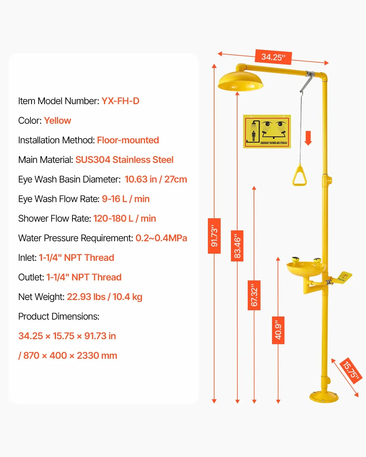 VEVOR Stazione Lavaggio Oculare Emergenza 870x400x2330 mm Lavaocchi Doccia Acciaio Inossidabile 304 Giallo