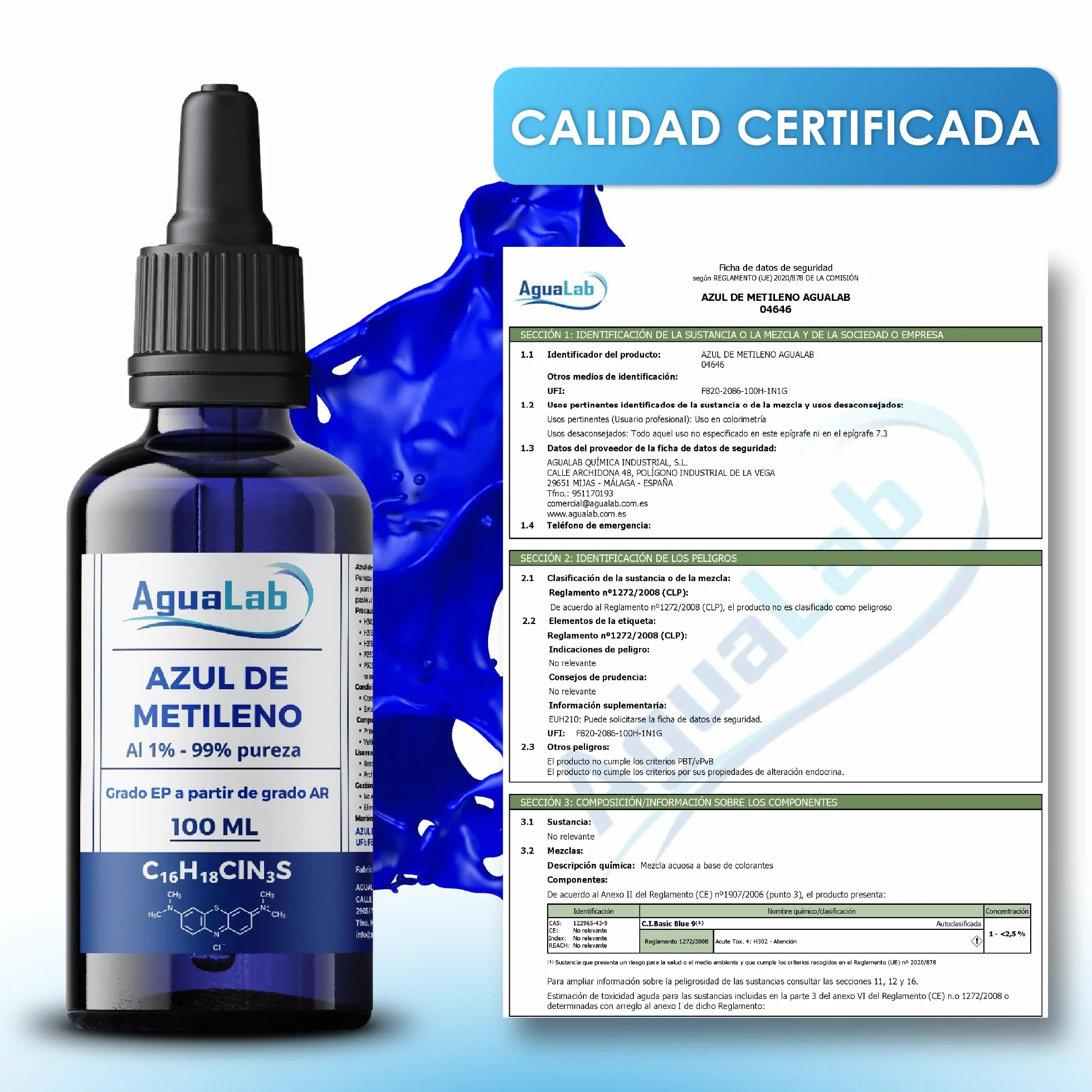 Blu di Metilene 1% Soluzione Grado EP 100 ml Alta Purezza 99% Flacone di Vetro Ambra con Dosatore