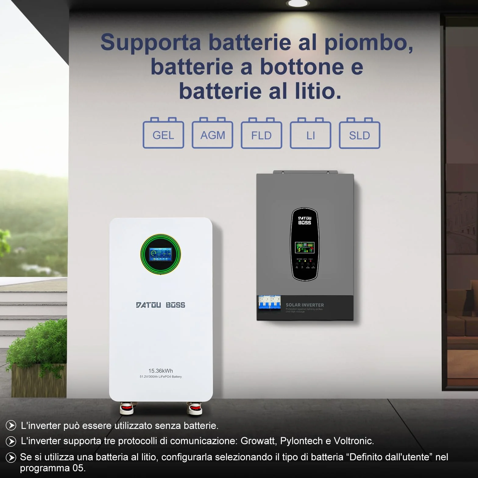 DATOUBOSS 6200W Inverter Ibrido Solare 48V, Onda Pura, Array FV fino a 8500W, Potenza Inverter FV 6500W, Protezione da Fulmini, Avvio Senza Batteria, MPPT Integrato 120A, per Sistemi Off-Grid