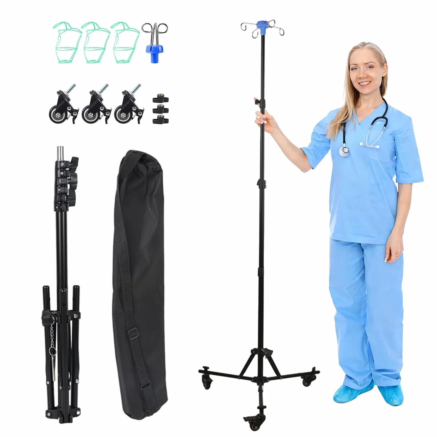 Supporto per infusione regolabile con ruote, altezza regolabile 90 – 190 cm, pieghevole con 4 ganci, 3 tasche in rete e 1 custodia, supporto portatile per IV per ospedale e cura della casa