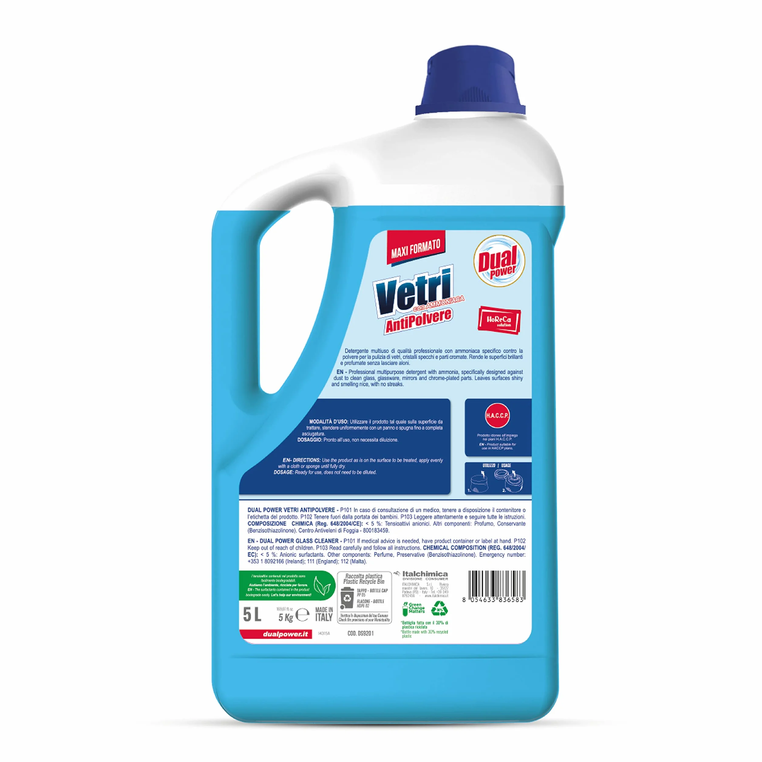 Dual Power Detergente Multiuso HACCP 5 Litri Antibatterico Ammoniaca per Vetri e Specchi