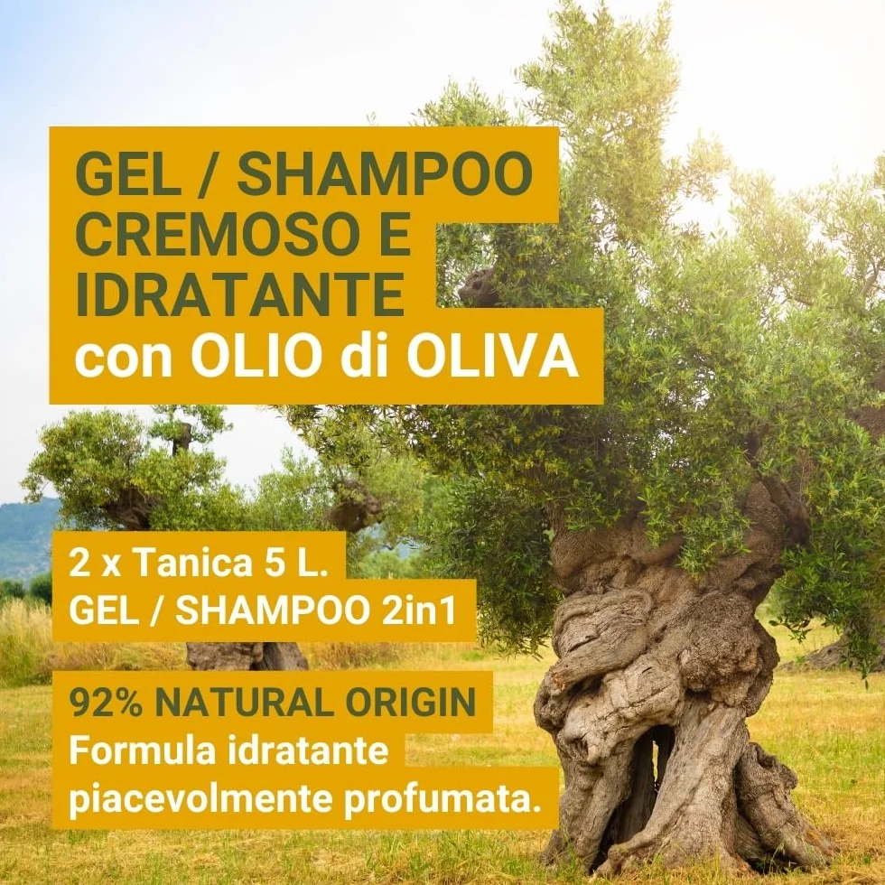 GPQ Gel/Shampoo 2 in 1 OLIVE 5 L Refill Balsamo senza Parabeni 92% NATURAL ORIGIN
