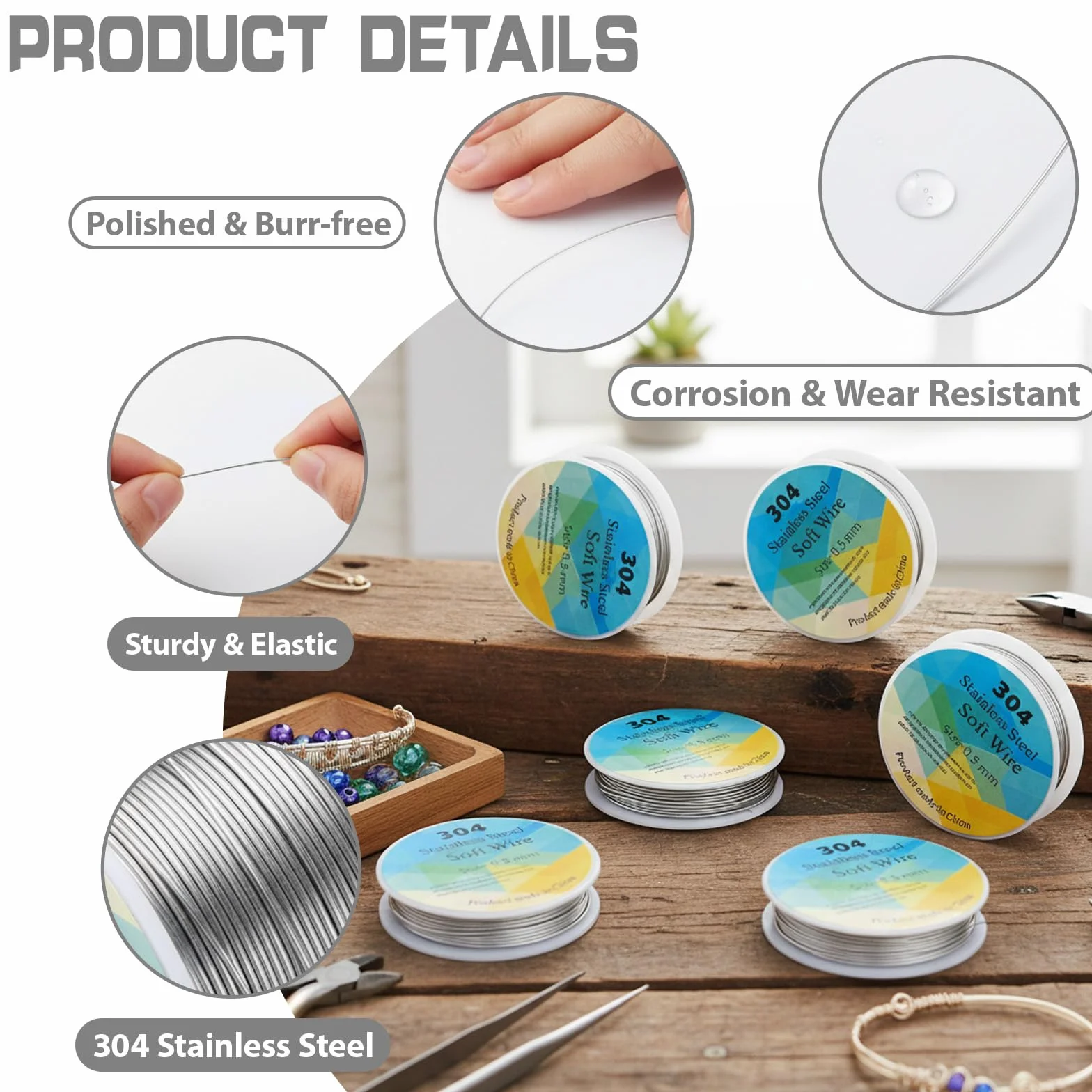 Filo metallico acciaio inox 304 set 6 rotoli 0,5 mm 15 m + 0,3 mm 20 m bricolage