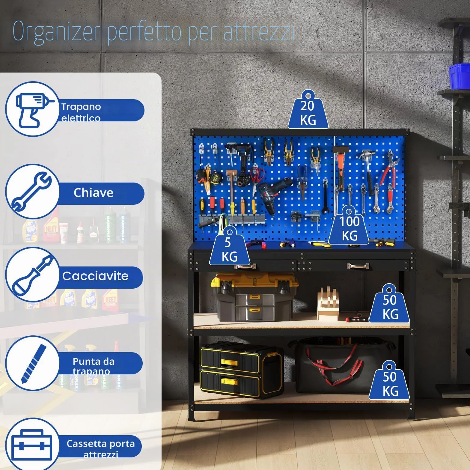 SOARS Banco da Lavoro, Organizer per Attrezzi in Metallo con 3 Pannelli Perforati con Kit di 24 Ganci, 2 Cassetti e 2 Ripiani, Banchi da Lavoro per Officina, Garage (Blu, 121 X 61 X 156 CM)