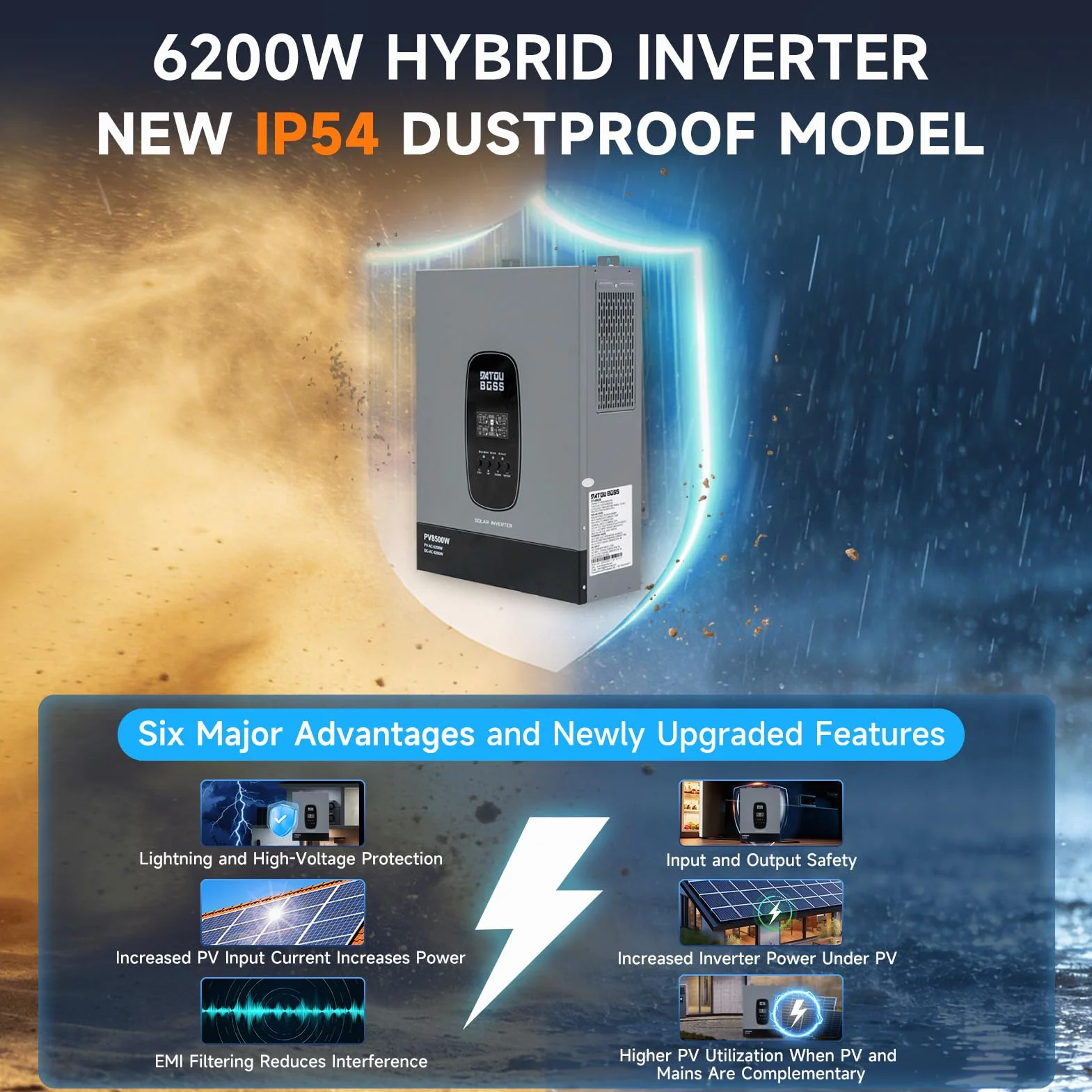 DATOUBOSS Inverter Ibrido Solare 6200W 48V a 230V Onda Sinusoidale Pura, Regolatore MPPT 120A, Compatibile con Batterie al Litio, per Casa, Camper e Impianti Fotovoltaici