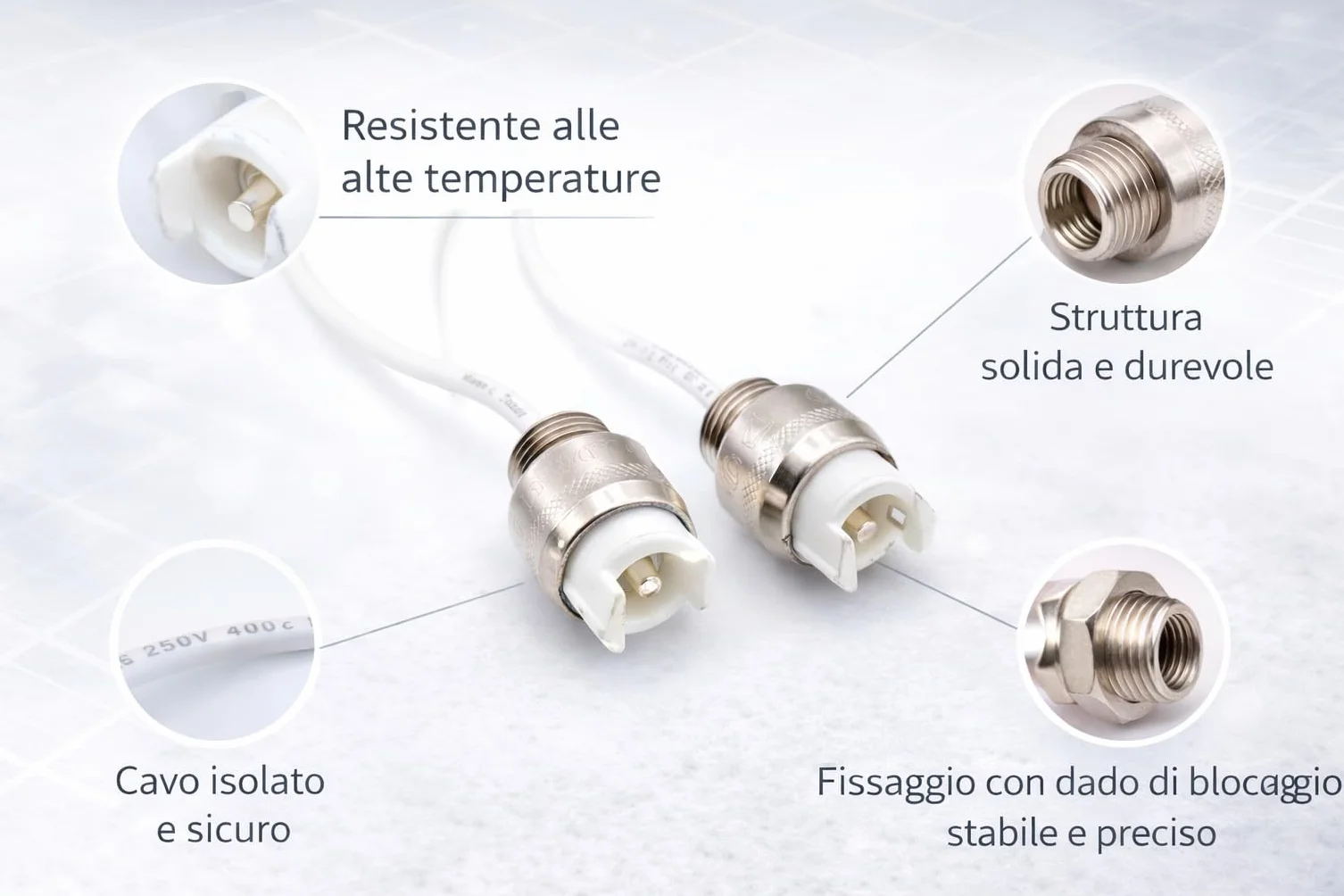 Portalampada R7s 78mm 118mm 189mm – Set 2 Ricambio per Lampade Piantana, Applique e Faretti – Attacco R7s in Steatite Alta Resistenza 250V 8A con Cavi 25cm in Teflon - Prometeo Electronics