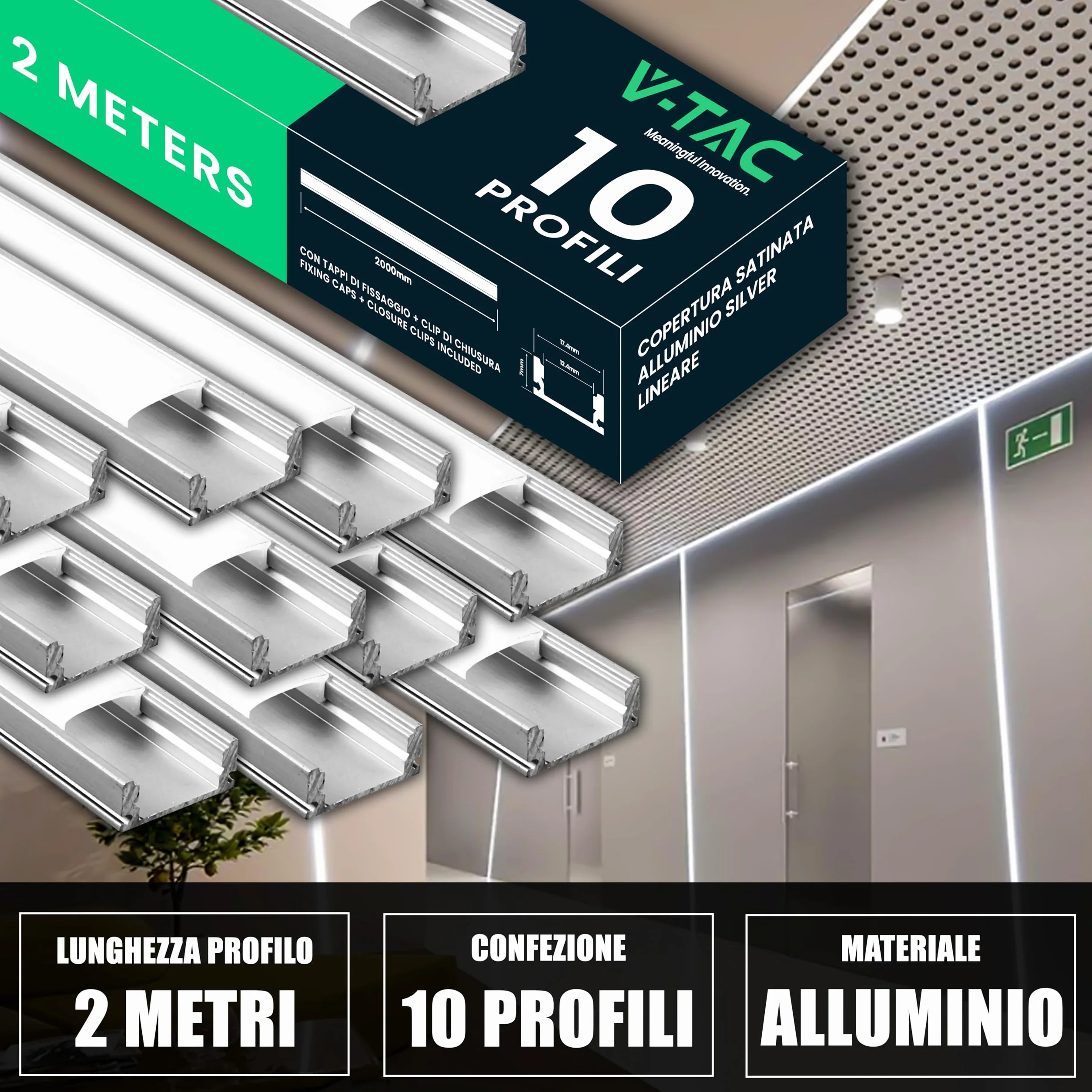 V-TAC 10x Profili per Strisce Led da 2 METRI Rettangolari in Alluminio - (20 Metri Totali) - Profili per Strisce LED Copertura Opaca - Ingombro max Striscia Led 12,4 mm - Dimensioni 17,4 x 7 mm
