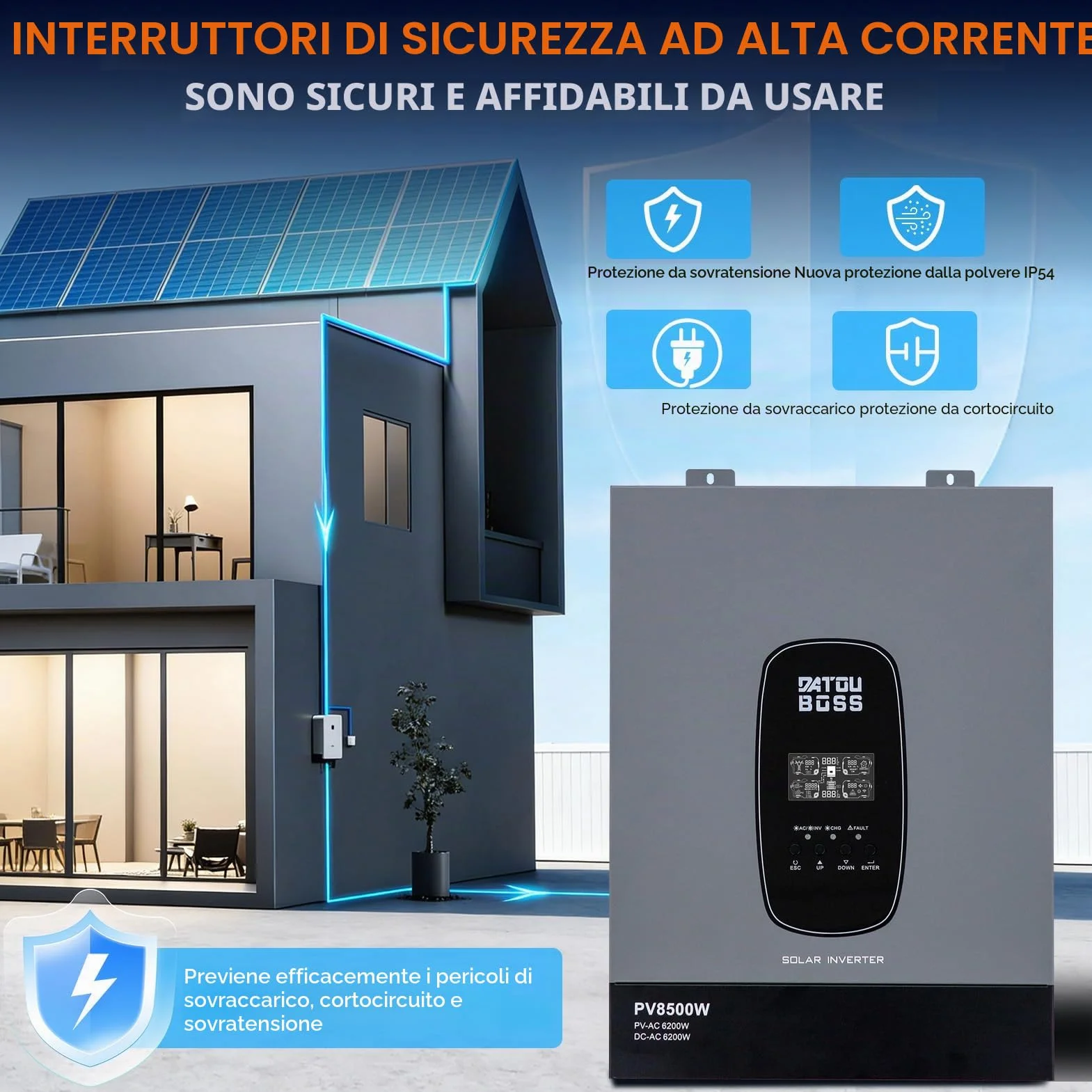 DATOUBOSS Inverter Ibrido Solare 6200W 48V, MPPT 120A, Onda Sinusoidale Pura, Entrée PV 8500W, Senza Batteria, per Impianto Fotovoltaico Casa, Camper, Backup Energia