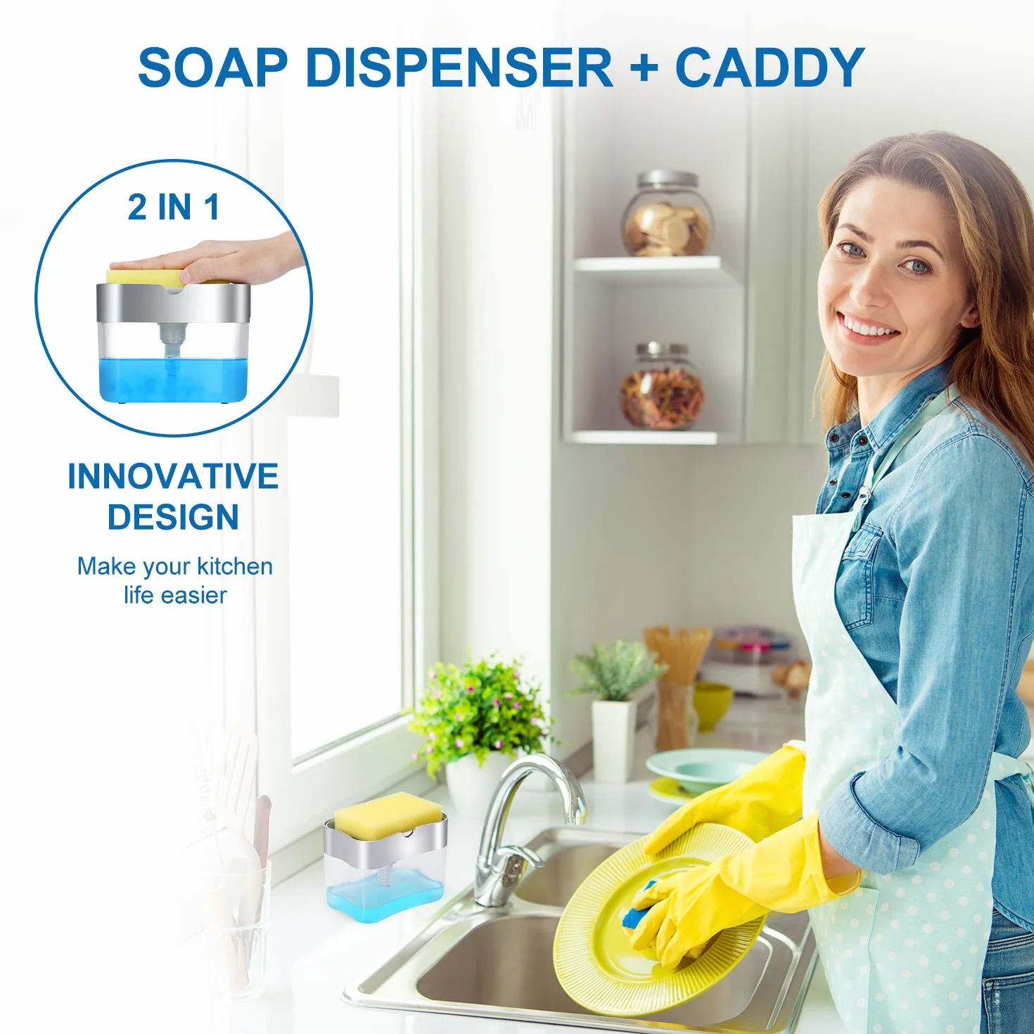 Albayrak Dispenser Sapone Liquido Manuale e Detersivo con Contenitore Spugna Piatti, Distributore Portasapone e Portaspugna per Lavello Cucina & Casa