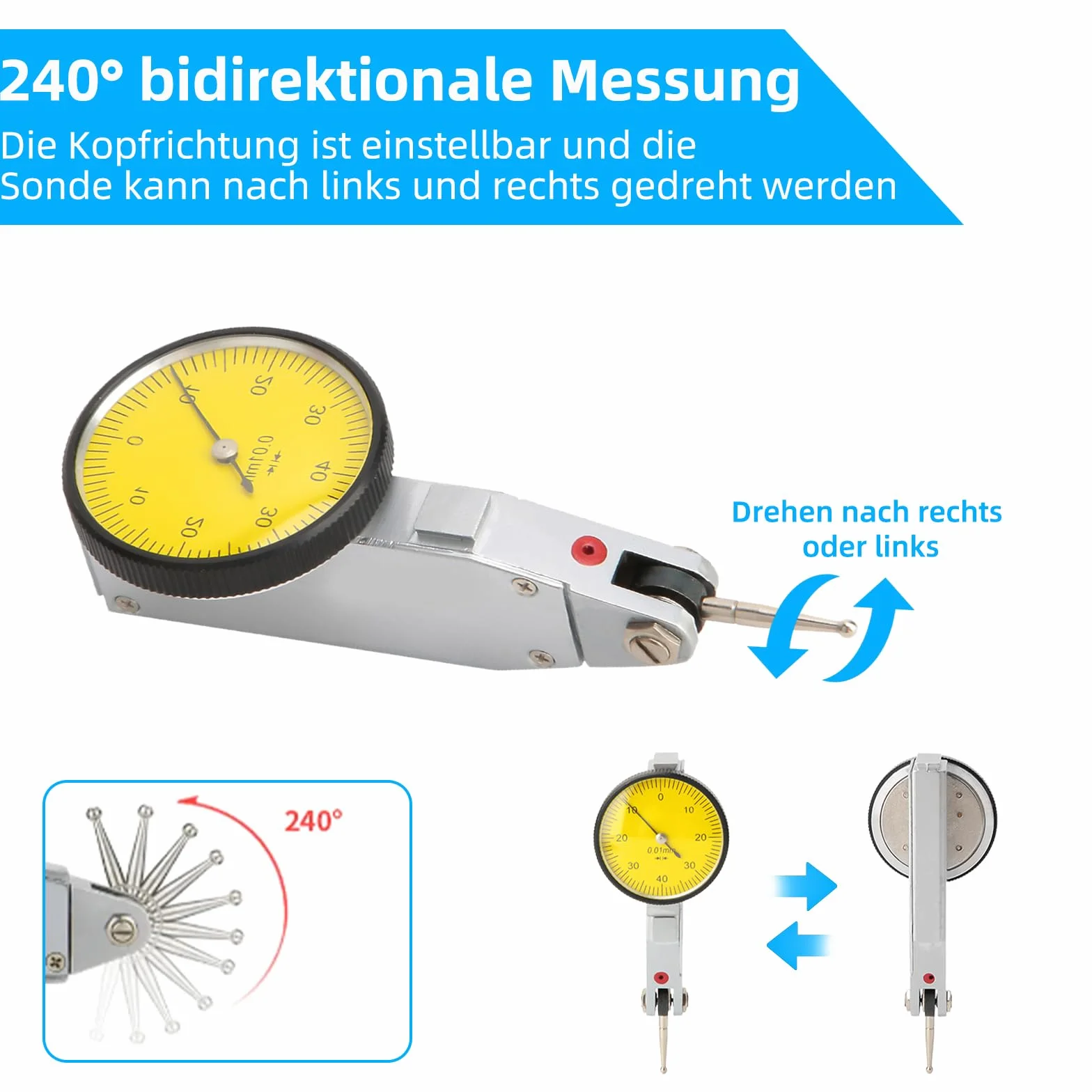 Indicatore a quadrante 0-0,8 mm Guide magnetiche a coda di rondine Indicatore a quadrante Strumento di misurazione del calibro a quadrante da 0,01 mm (accessori inclusi)