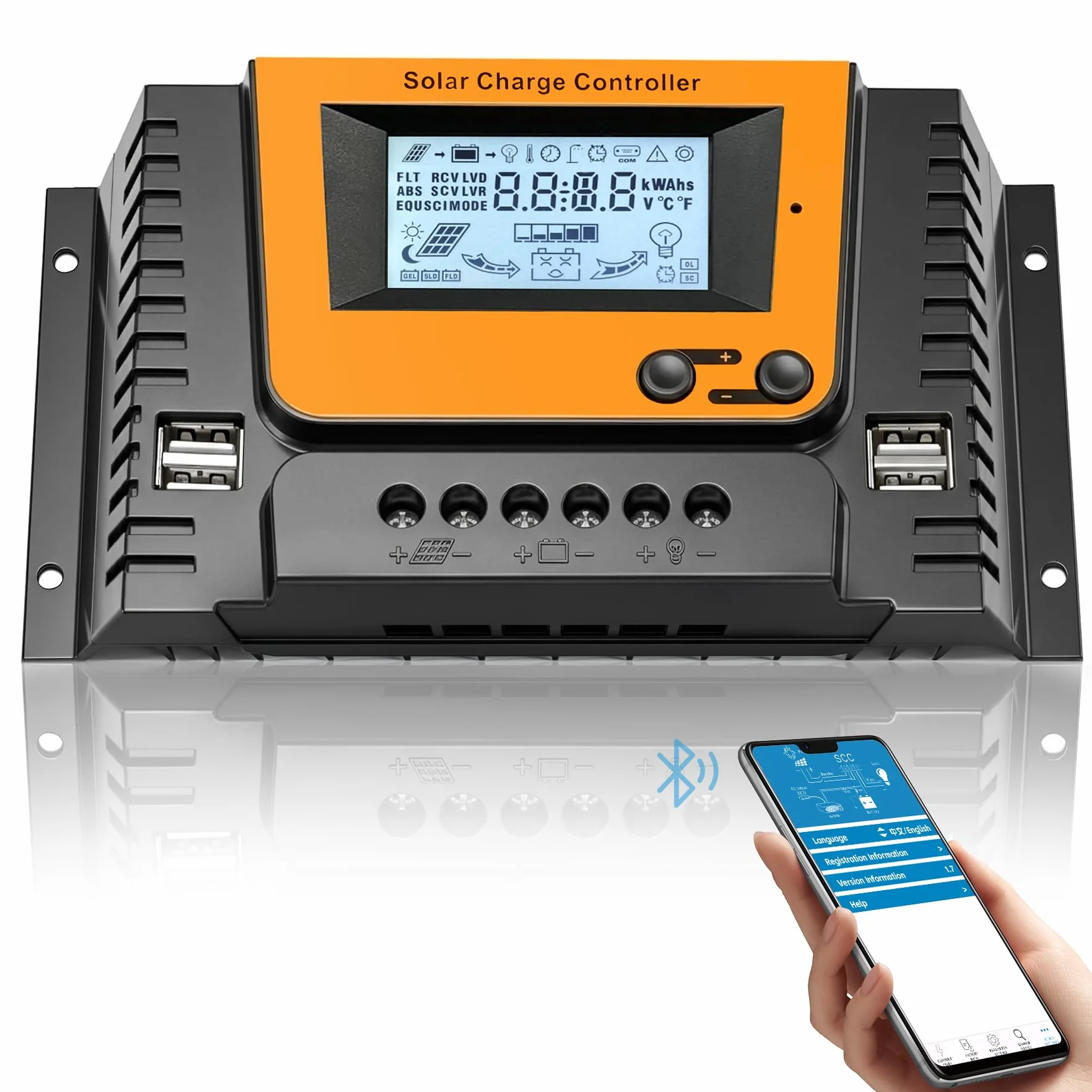 30A Regolatore di Carica Solare 12V 24V 36V 48V Con Bluetooth, PWM 30A Regolatore Carica Solare con sensore temperatura, 4 porte USB, LCD Display, Adatto varie LI SLD FLD GEL AGM Batteria