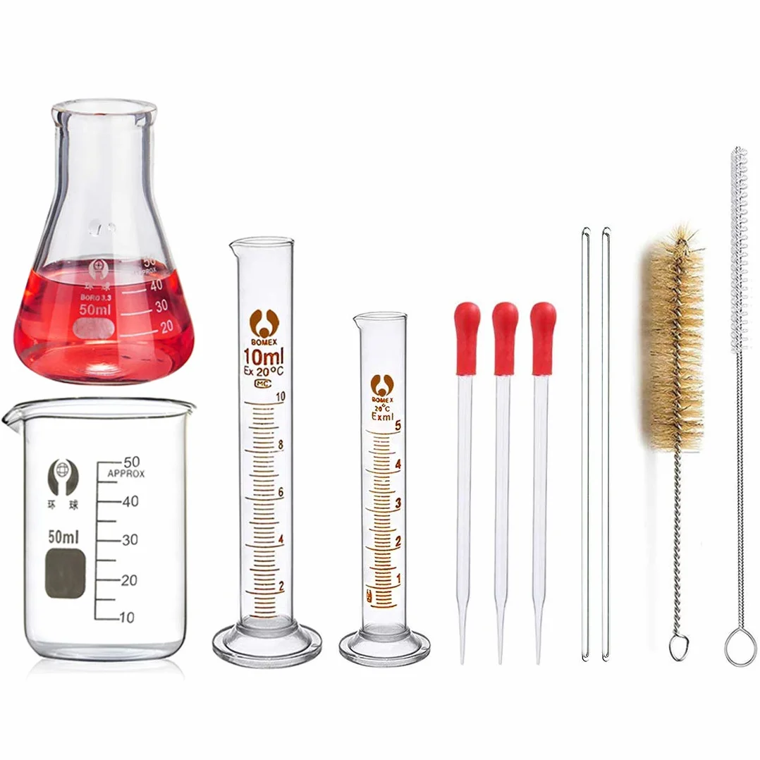 JESSTOLO 50ml Erlenmeyer Becher Cilindro Graduato Vetro Borosilicato con Contagocce Spazzolini Barra Agitazione