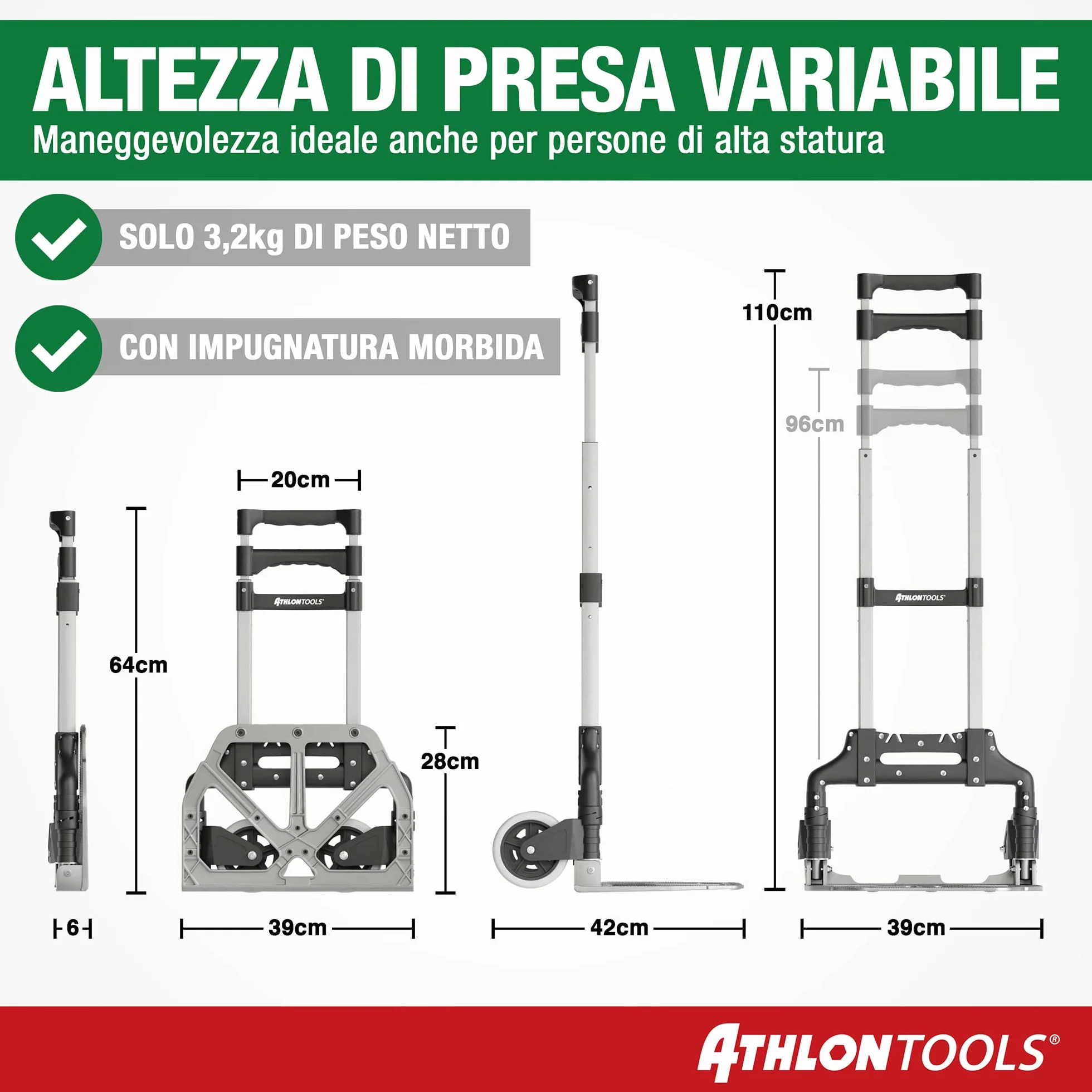 ATHLONTOOLS Carrello Trasporto Pieghevole in Alluminio 70 kg TÜV GS-certificato– Carrello Portapacchi con Ruote Silenziose, Manico Telescopico 110 cm, Cuscinetti Antiscivolo e 2 Corde Elastich