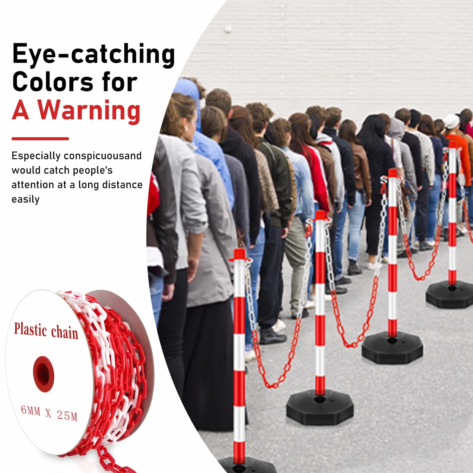 Catena Barriera Plastica Bianco Rosso 25m per Parcheggio con Moschettoni Alta Visibilità