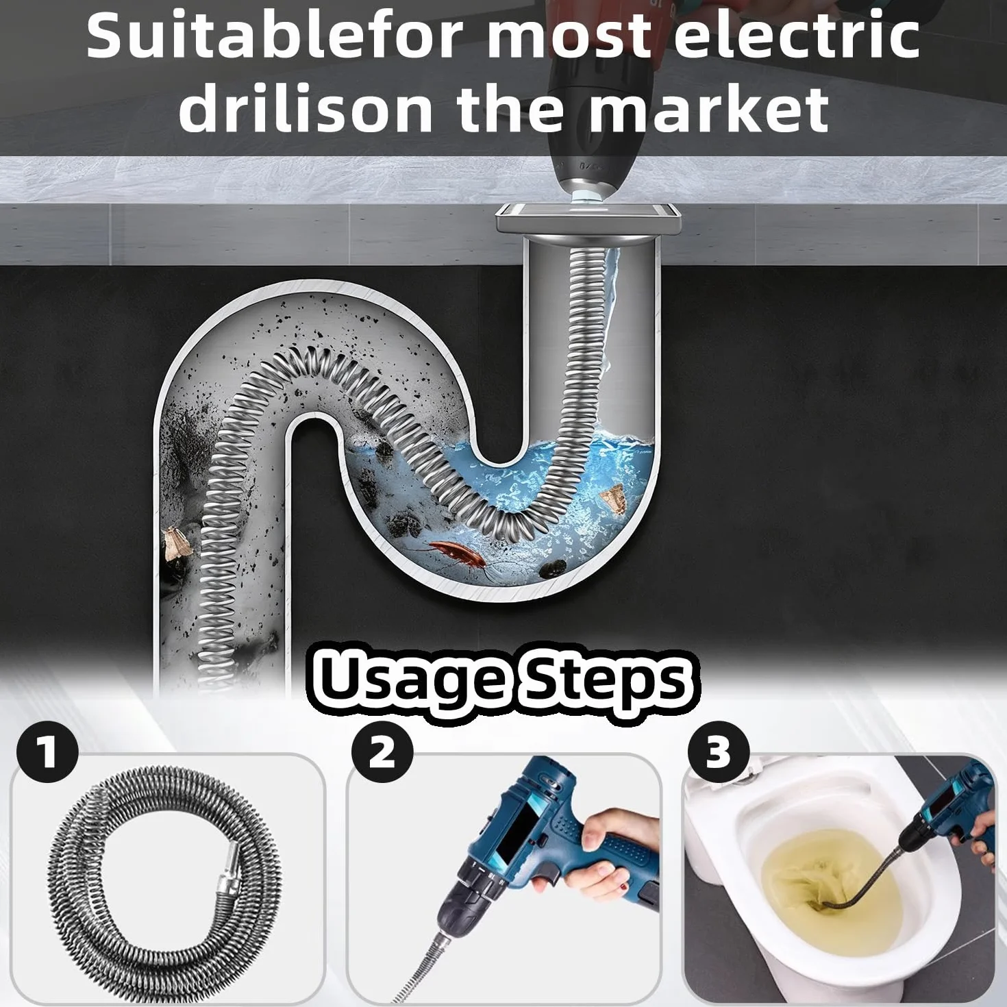 Sonda Sturatubi per Trapano,Kit 3 Pulitori a Spirale per Tubi 10 mm, 1m/2m/4m, Sturatubi Flessibile per Lavandini e WC,per Trapano Adattatore Elettrico Manuale Ostruzioni Ostinate Rimuove Capelli