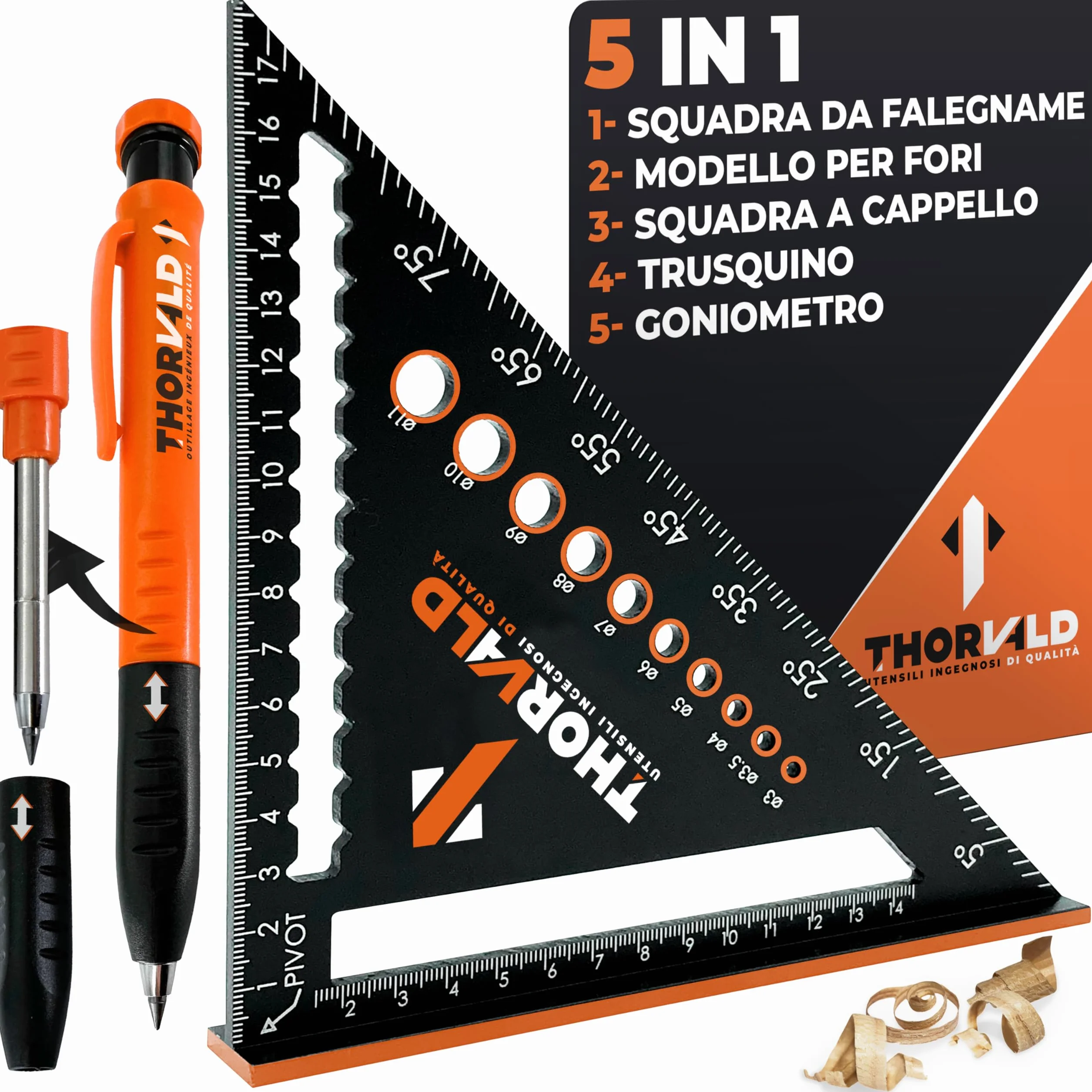 THORVALD Squadra da Falegname Multifunzione 180 mm Goniometro Angoli 45-90° Righello Trusquino