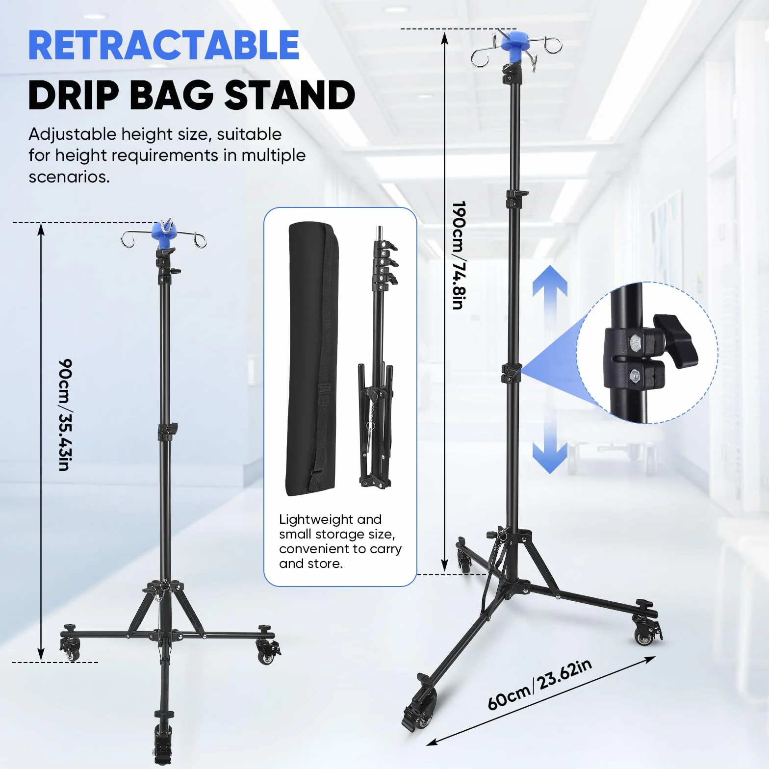 Supporto per Infusione Regolabile con Rotelle, Asta IV Pieghevole, Altezza Regolabile 85-190 Cm, Scolapiatti con 4 Ganci, con Treppiede Stabile, per Ospedale E Cura Domestica