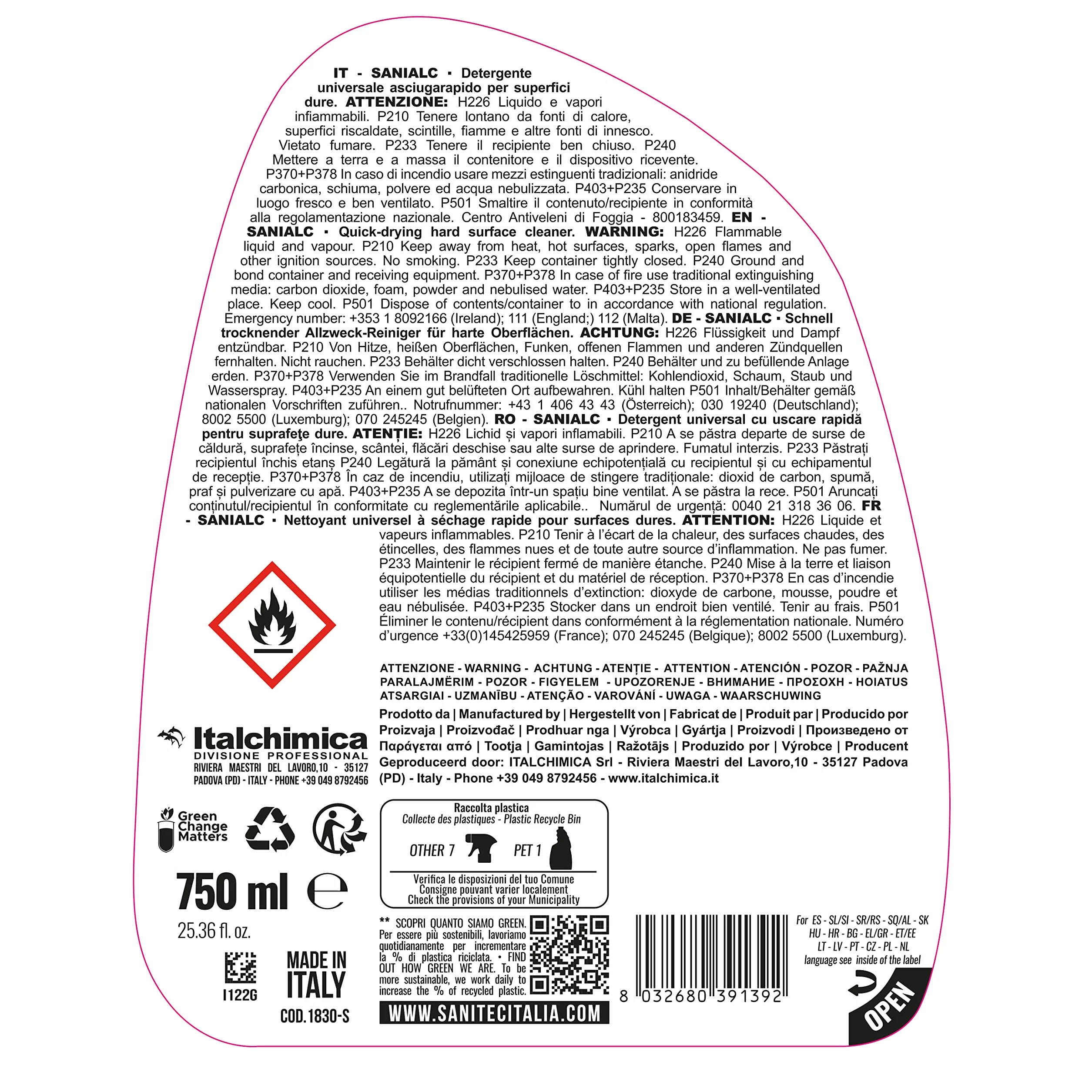 Detergente Universale a Base Alcolica 750 ml - Sanitec Pulire Sgrassare Senza Risciacquare