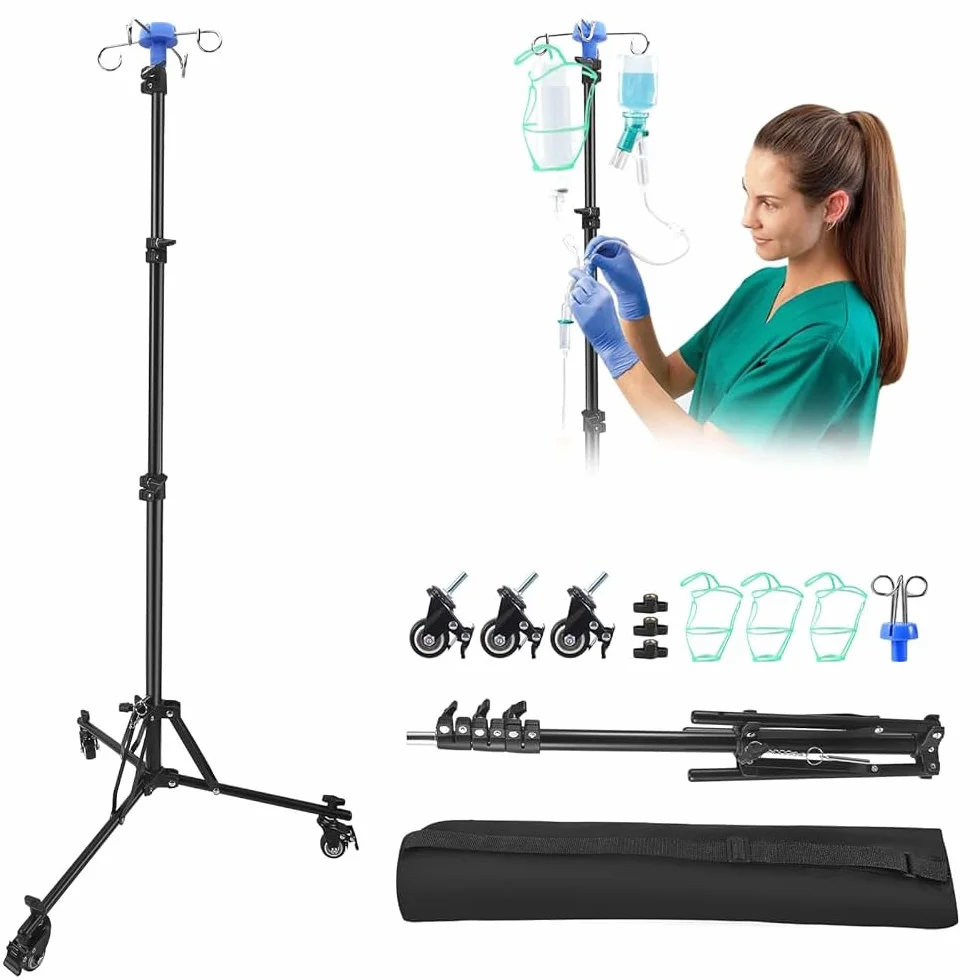 Supporto per Infusione Regolabile con Rotelle, Asta IV Pieghevole, Altezza Regolabile 85-190 Cm, Scolapiatti con 4 Ganci, con Treppiede Stabile, per Ospedale E Cura Domestica