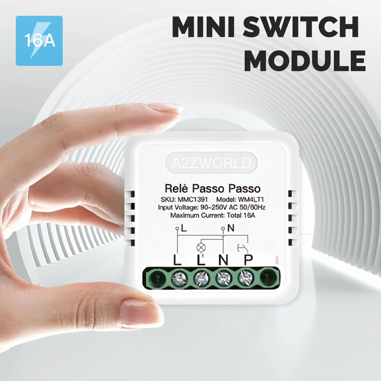Relè Passo Passo Elettronico Silenzioso 230V 16A, Step Impulse Relay per Illuminazione, Scatolato Compatto 40x40x18mm, IP20, 1 Contatto NO, Comandabile da più Pulsante