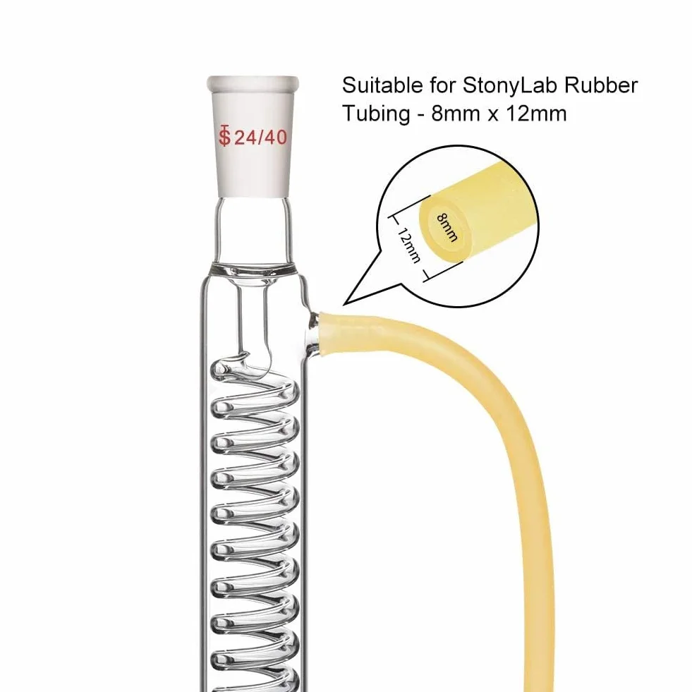 Condensatore in vetro borosilicato con raccordo 24/40, lunghezza giacca da 300 mm, tubo condensatore a serpentina, facile da installare