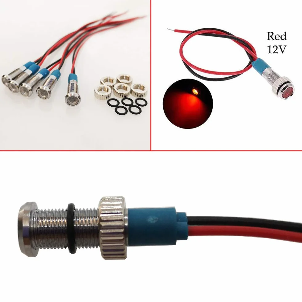 CESFONJER 5 pezzi 6mm 1/4 "LED Lampada spia in metallo 12V Lampada spia impermeabile Pilota Dash Direzionale Auto Camion Barca con filo (Colore rosso)