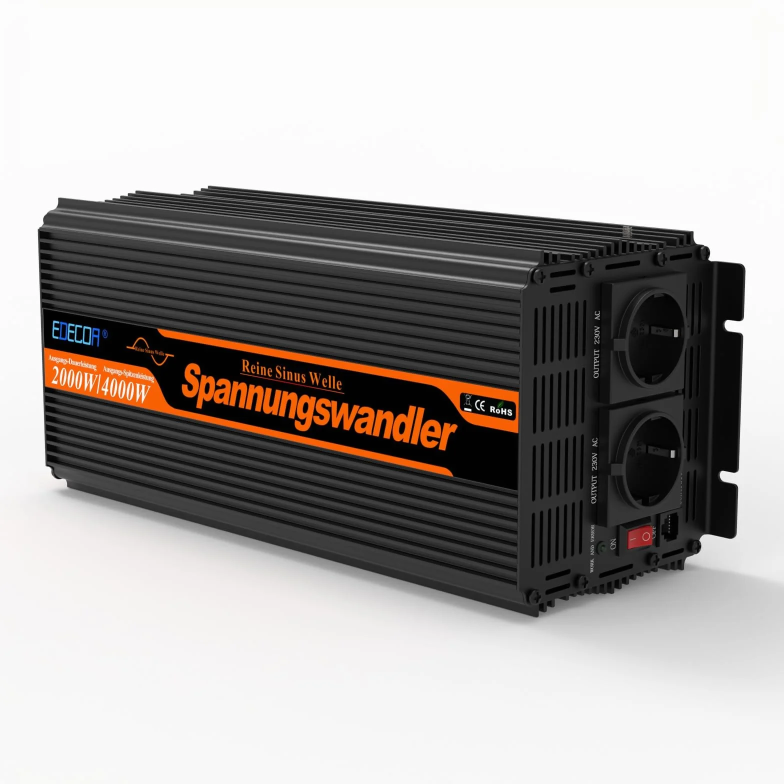 EDECOA 2000 W / 4000 W, inverter a onda sinusoidale pura da 12 V/230 V, potenza nominale 2000 watt, inverter solare da 12 V a 230 V CA con telecomando LCD, Interfacce USB e tipo C disponibili, presa