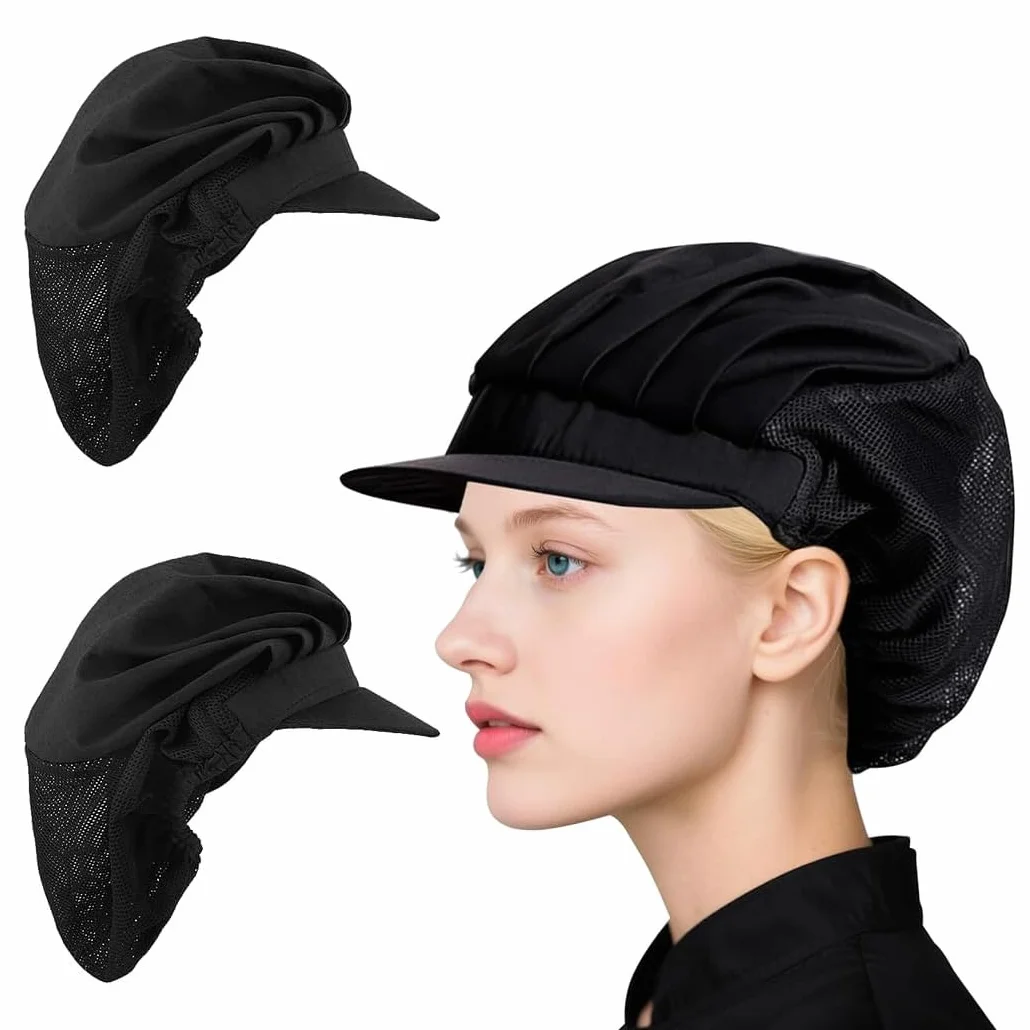 Voarge 2 pezzi cappello da cucina chef elastico traspirante Nero 55/62 cm