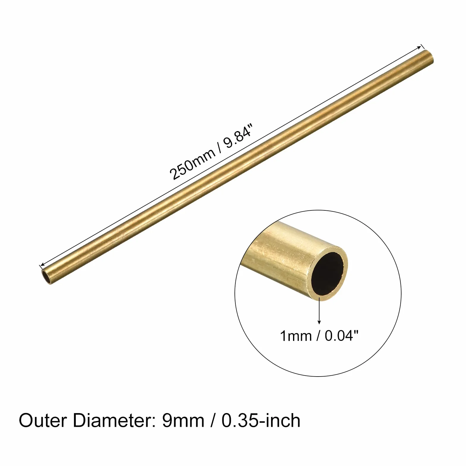 Ottone Tubo 9mm OD 1mm Spessore 250mm Lunghezza per Industria Fai-da-Te