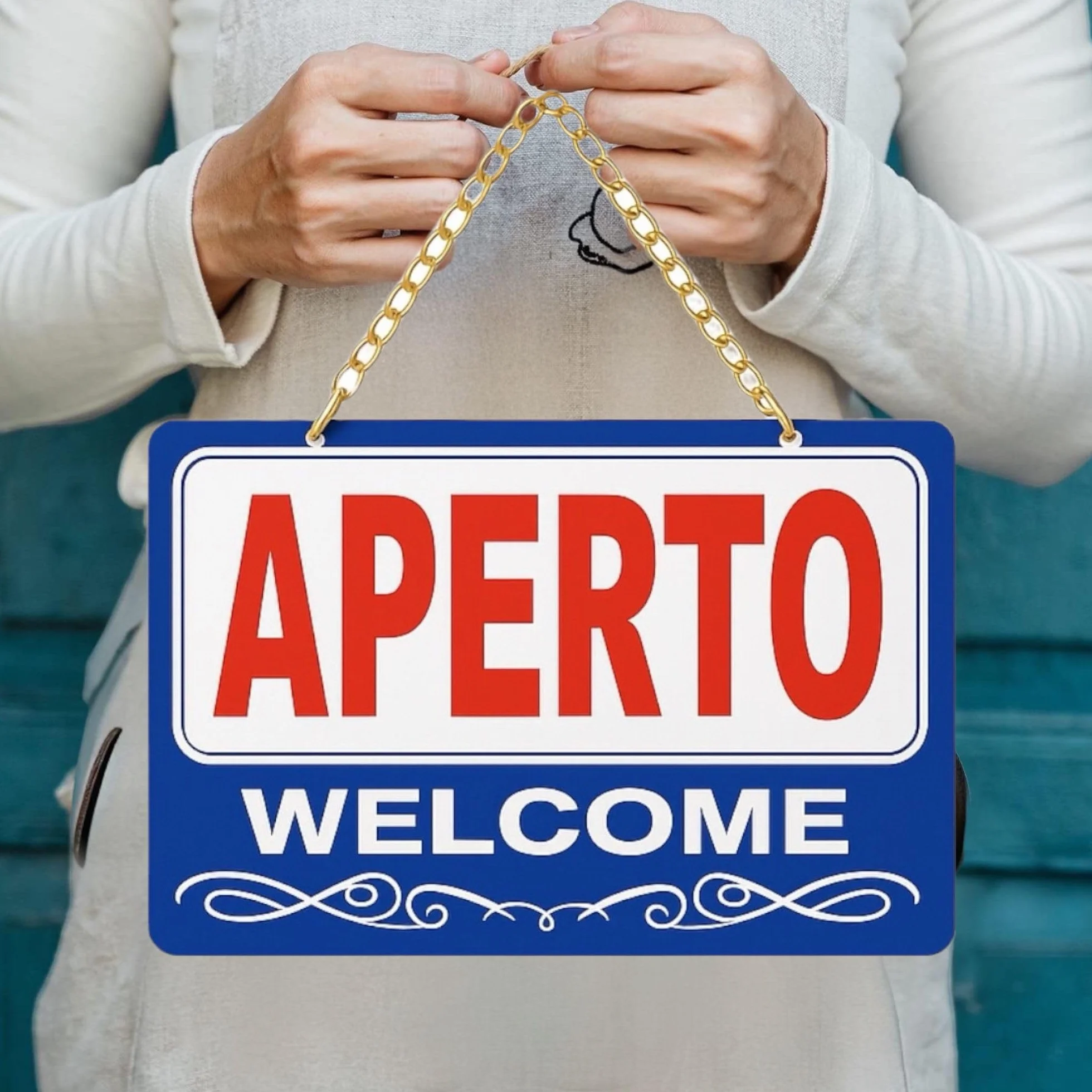 Topolenashop Cartello Aperto Chiuso Reversibile 29x19 cm – Insegna Bilingue Open Close per Negozi, Bar e Ristoranti – Cartello da Appendere con Catena Dorata per Porta e Vetrina ART.689388