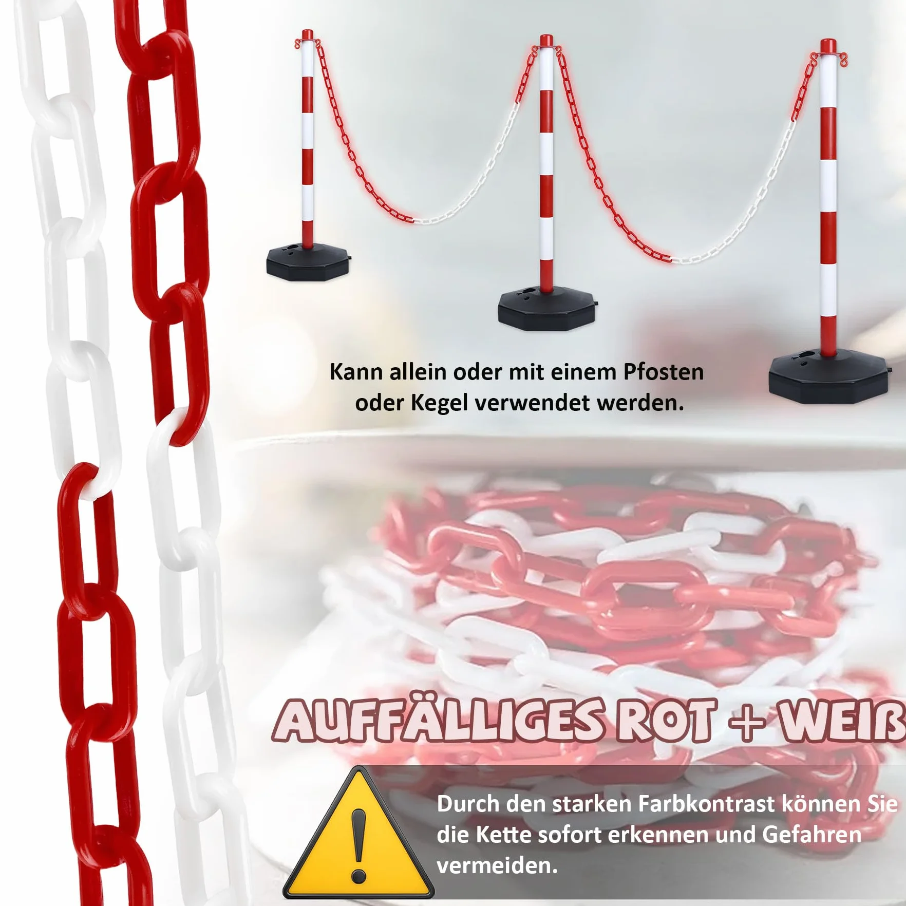 Froadp Catena di sicurezza in plastica, 50 m, colore rosso, bianco, diametro 6 mm, catena di sicurezza per cantieri, parcheggio, catena per bloccare superfici