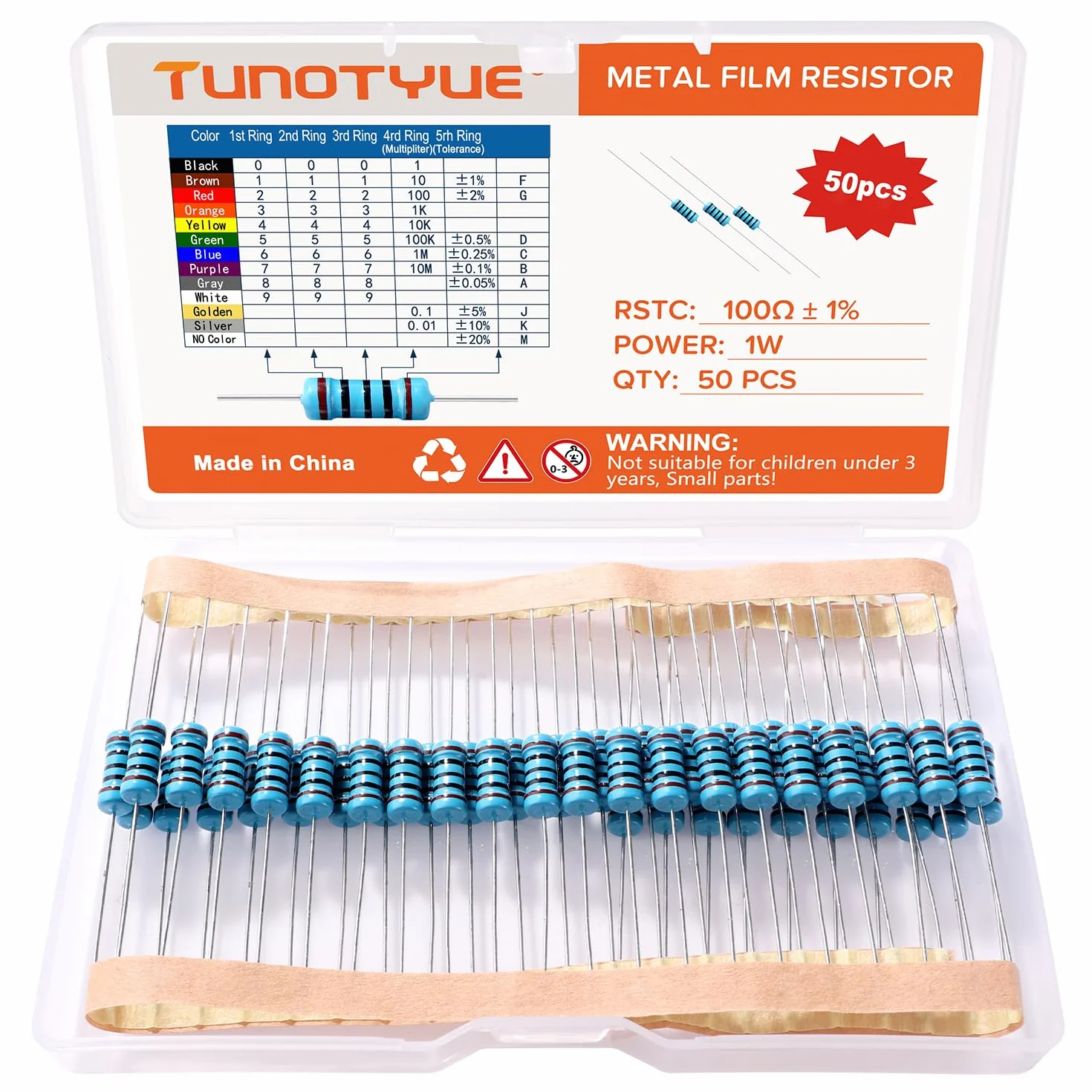 50 Pezzi 1W 100Ω Resistori Fissi a Film Metallico 1% Tolleranza per DIY