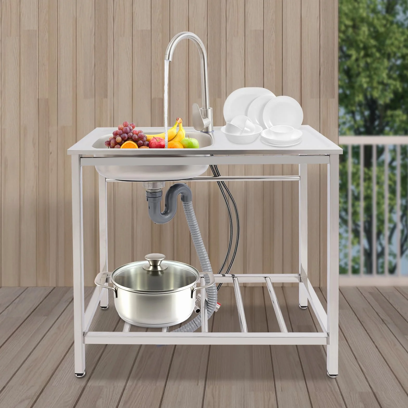 Lavello da esterno autoportante, 1 vasca lavello mobile con rubinetto per acqua calda e fredda e mobiletto sottostante, tavolo lavello in acciaio inox lavello da cucina per ristoranti, caffè