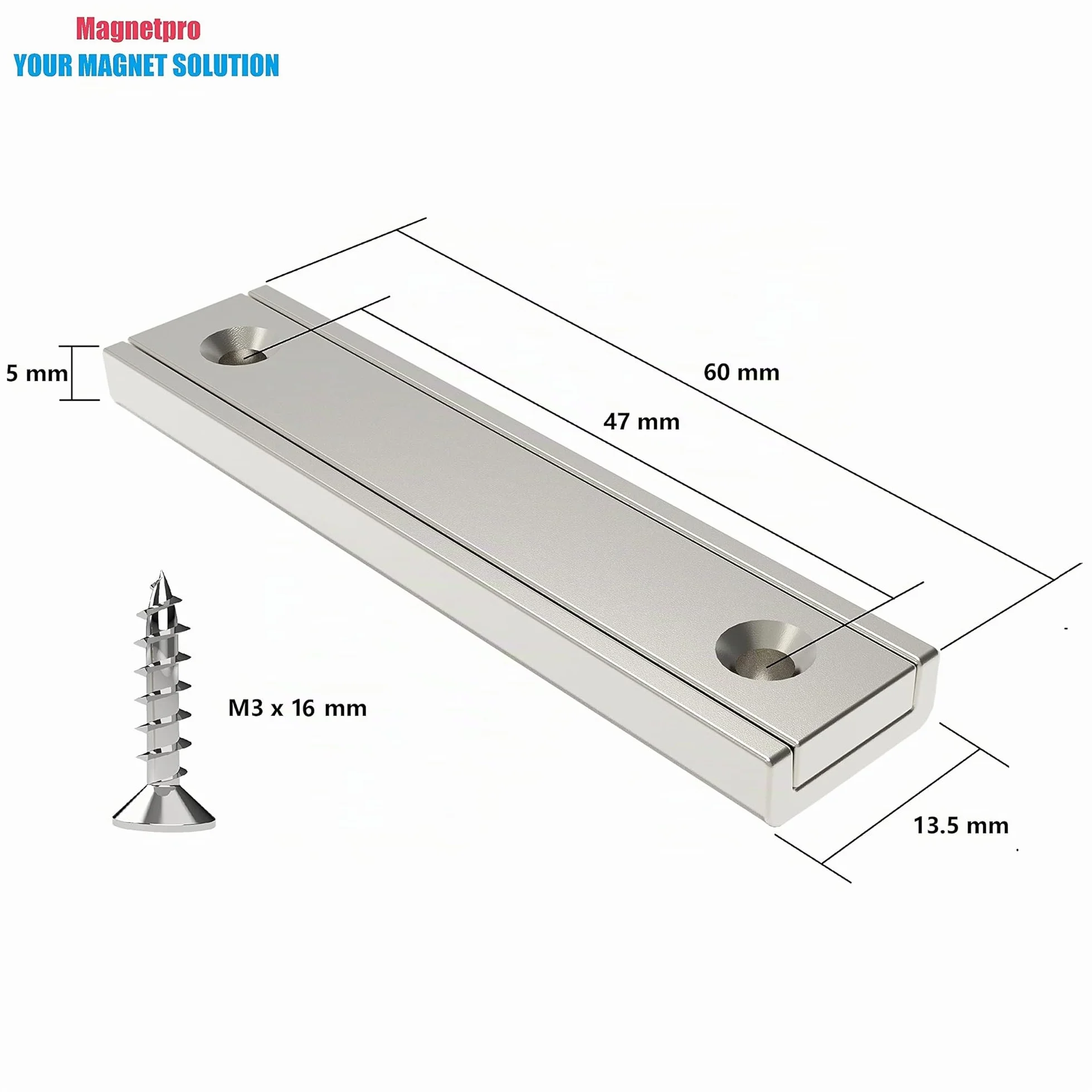 Magnetpro 8 pezzi magneti rettangolari 30 kg forza 60 x 13,5 x 5 mm con foro svasato e capsula, magnete in neodimio con base in acciaio per uso domestico e industriale con viti