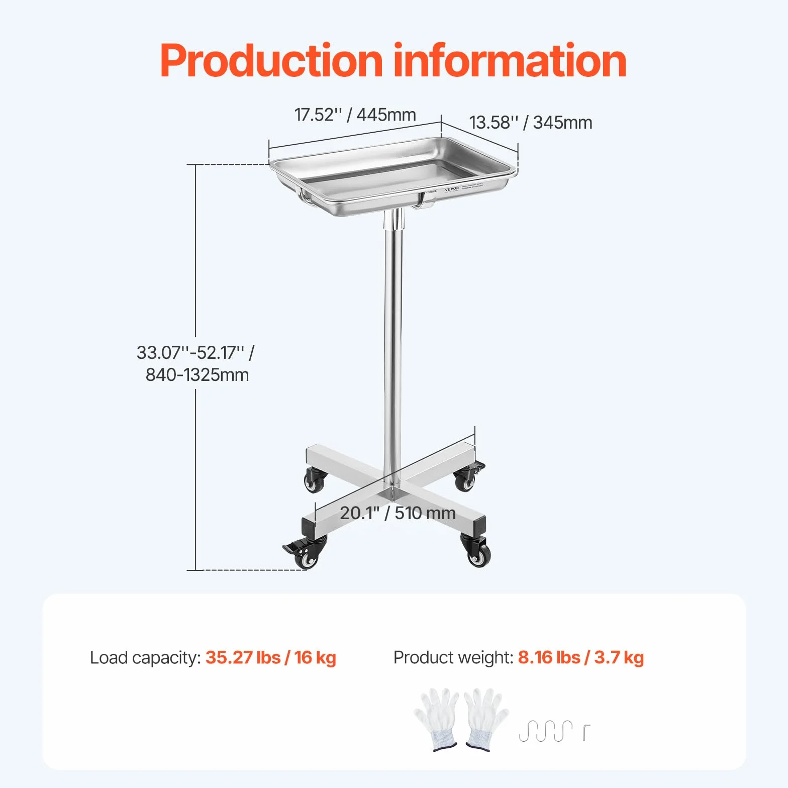 VEVOR Carrello da Laboratorio in Acciaio Inox, Regolabile in Altezza 84-132,5 cm, Carico 16kg
