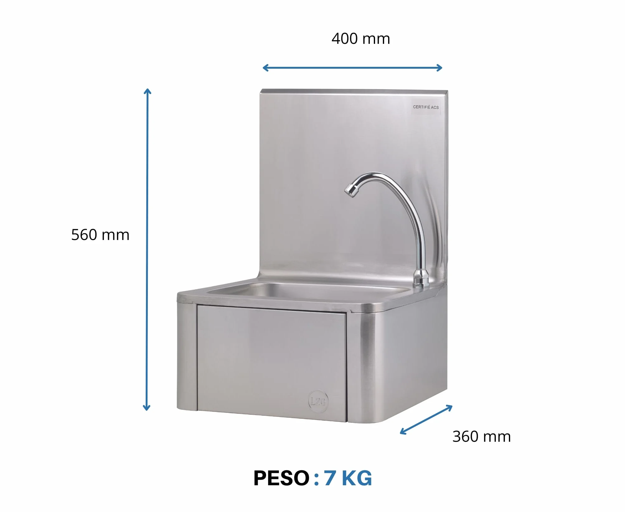 L2G - Lavamani da parete a ginocchio - Lavello piccolo in acciaio inox con miscelatore per acqua calda e fredda - Da parete - 40 x 34 x 56 cm