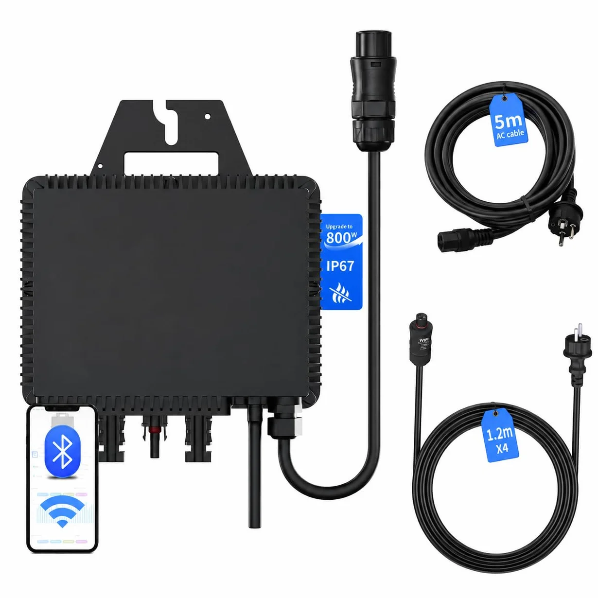 RC Micro-inverter, aggiornato a 800W, inverter solare intelligente, Controllo dell’app tramite Wi-Fi, adatto per impianti solari da balcone, efficienza MPPT 99,8%.