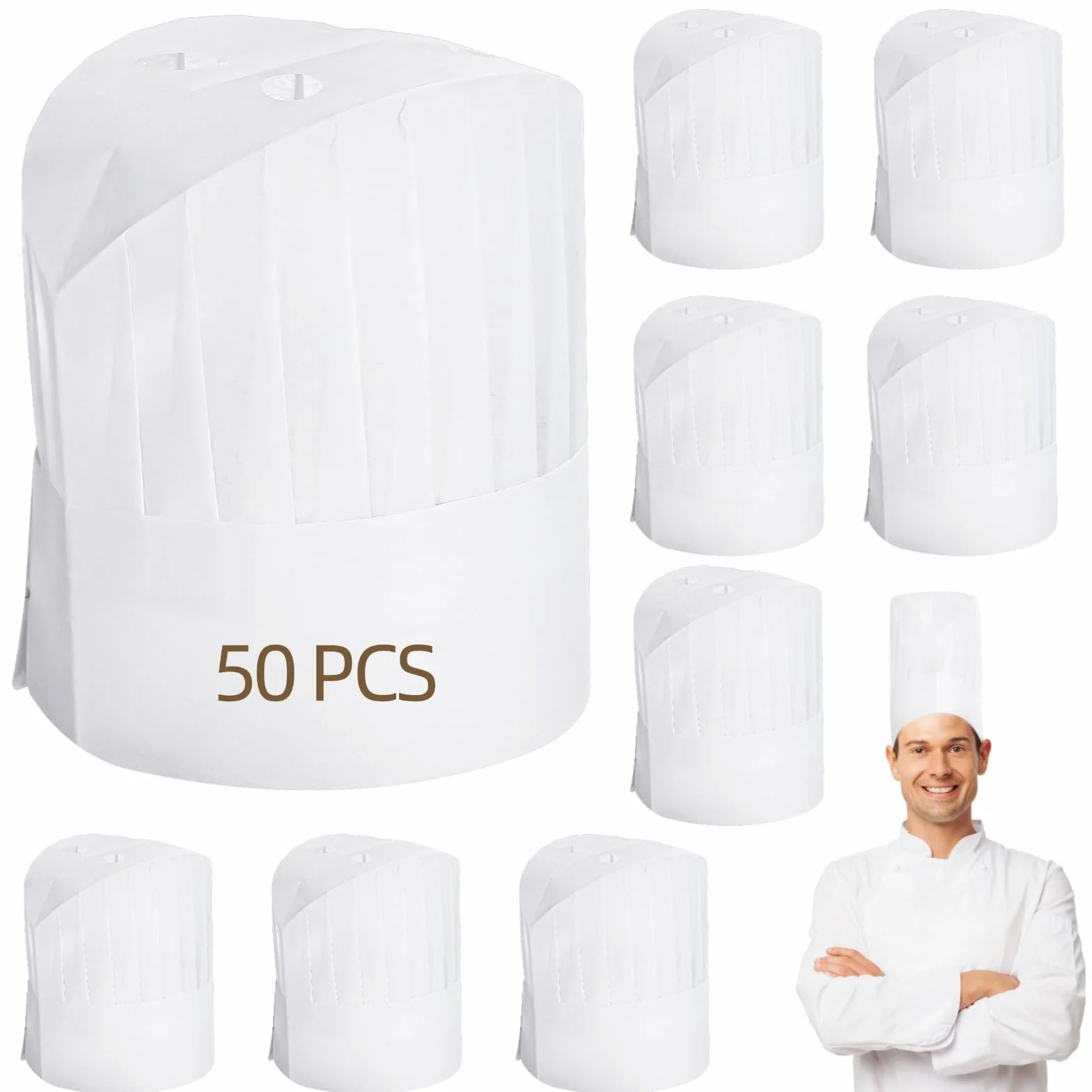 CACAZI 50 cappelli da chef usa e getta, in tessuto non tessuto, regolabili e traspiranti