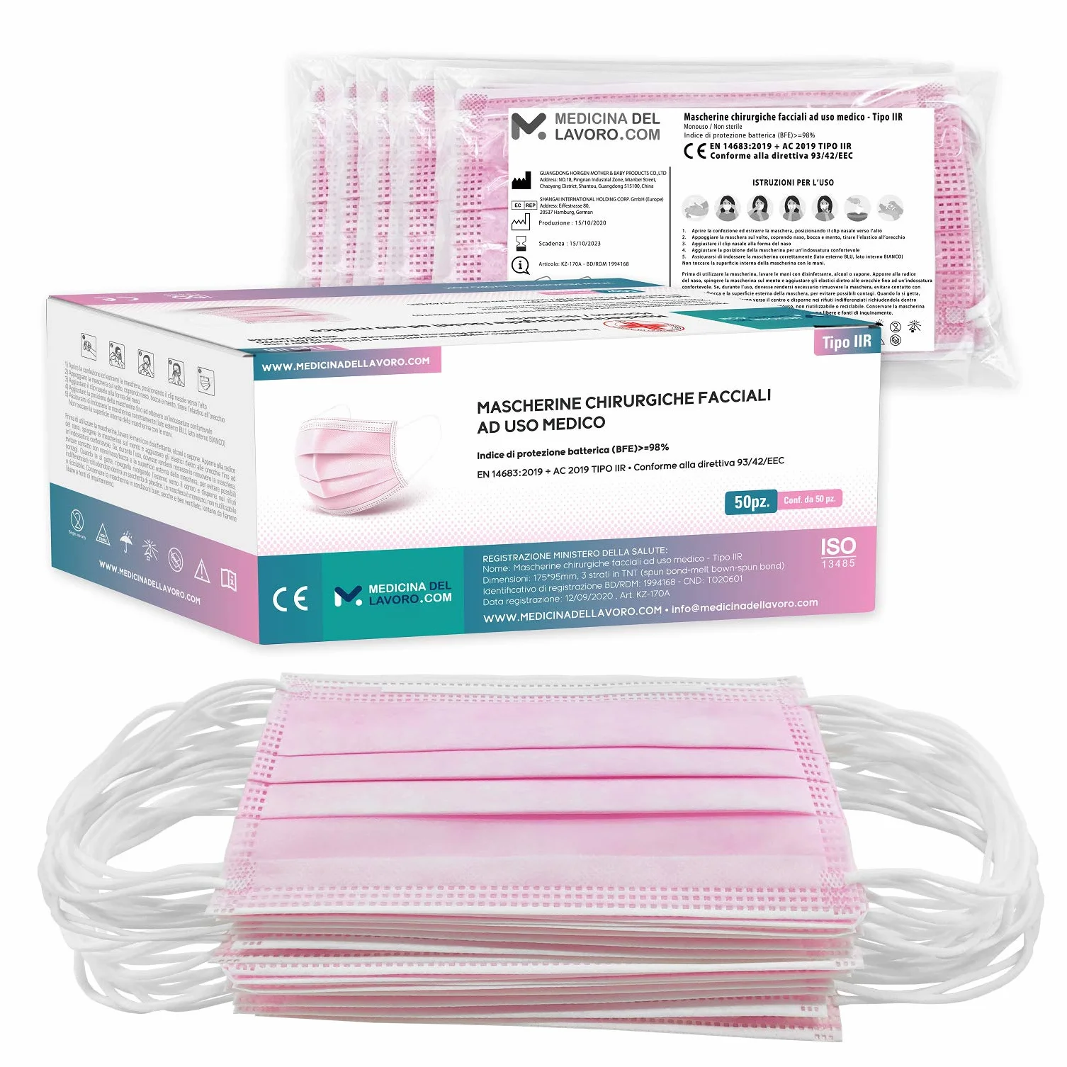 Mascherine Chirurgiche Rosa IIR CE 50 Pezzi Alta Efficienza BFE≥98