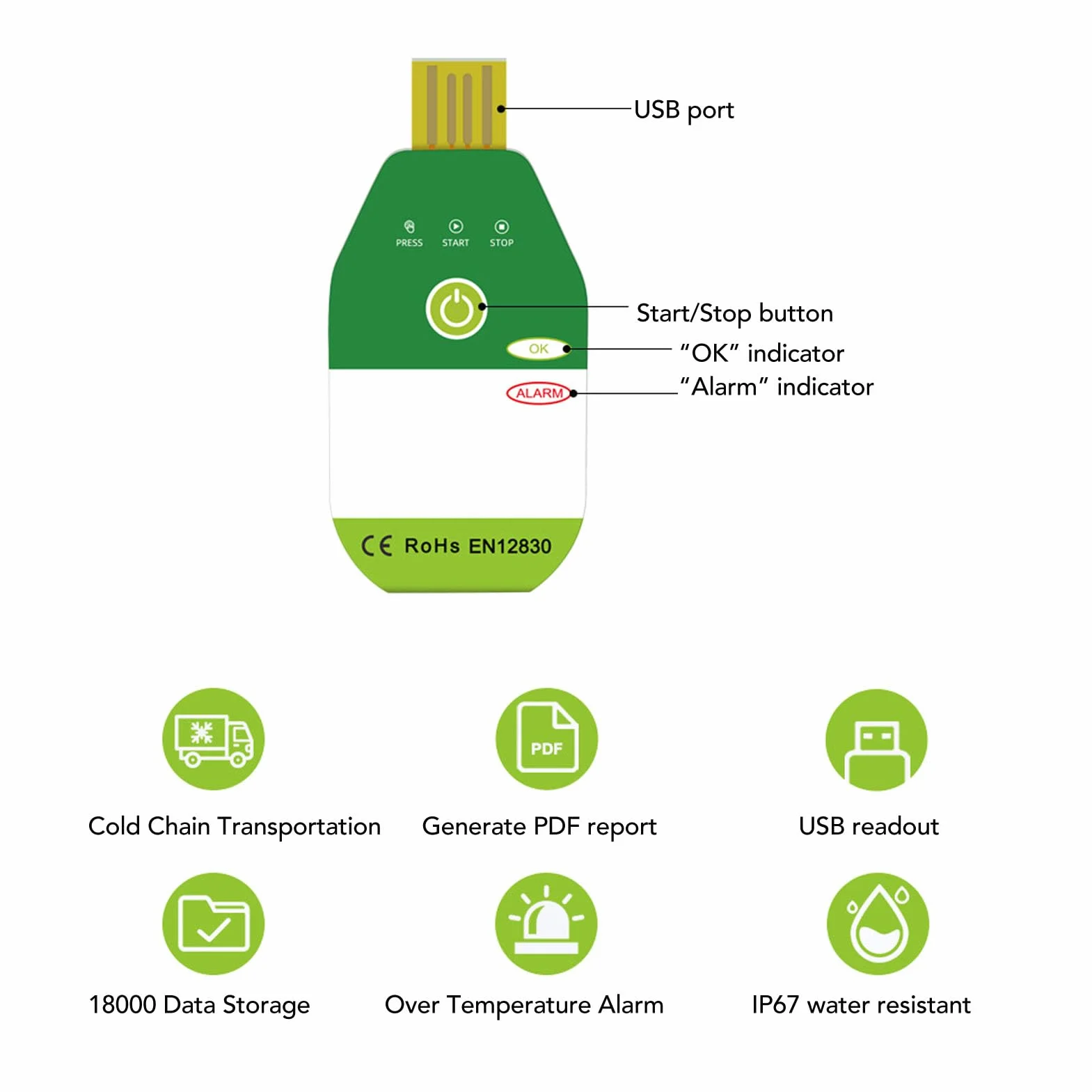 Registratore del logger dati di temperatura USB, IP67 Acqua PDF Temperatura Dati Logger Single per il trasporto della catena a freddo (90 Days)
